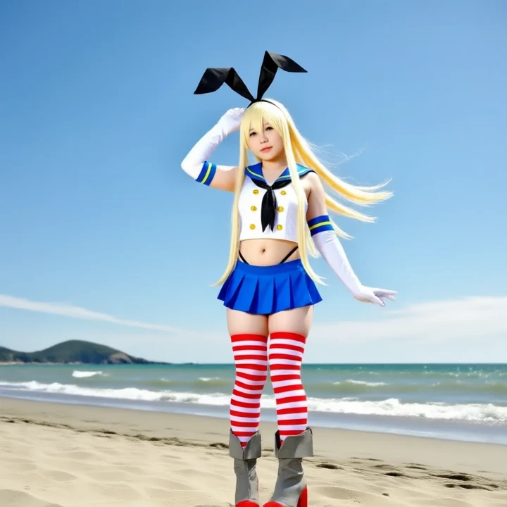1girl standing still in a beach, she is wearing a shimakaze-cos., slight breeze moving her golden blonde hair.,