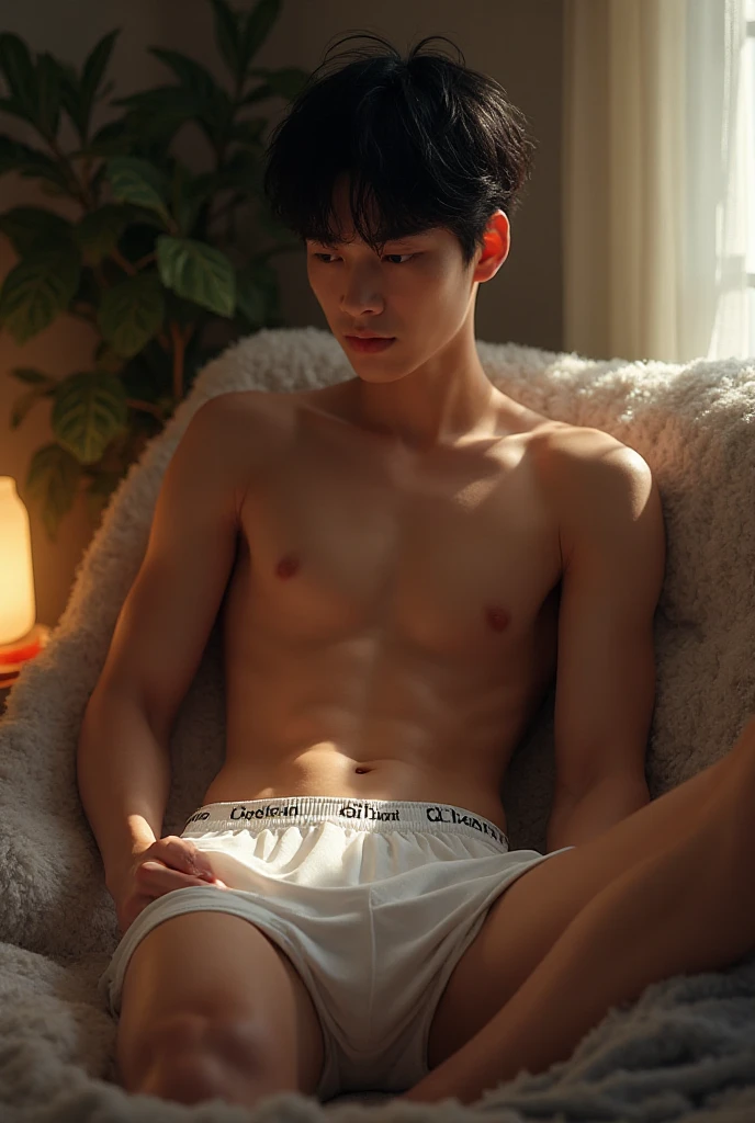 (best quality:1.4), (ultra highres:1.2), (photorealistic:1.4), (8k, RAW photo:1.2), Realistic handsome Japanese guy, muscle, fit, 18 years old, Spread your legs, shirtless, , wear cat ears, wear jockstrap , white , bedroom,