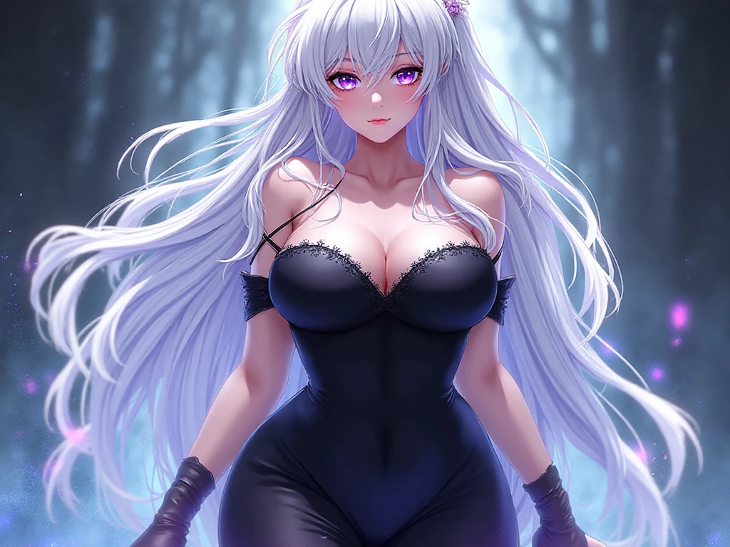 The picture shows the whole body woman in anime style. The woman has long, Beautiful, Snow-white hair. she looks very graceful. Her eyes are blue like ice and beautiful. She has a curvy body with big breasts. The woman has an impressive, slightly frightening aura, Very elegant, hardened, something diabolical, desirable, is seen by others as untouchable. She is dressed in a slightly revealing leather outfit. 
