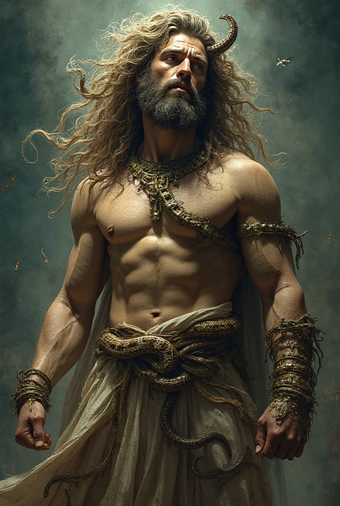 painted portrait of stout zeus, god of thunder, greek god, blond hair, male, mature, handsome, upper body, muscular, hairy torso, fantasy, intricate, elegant, highly detailed, digital painting, art station, concept art, soft, sharp focus, illustration, art by Gaston Bussiere and Alphonse Mucha