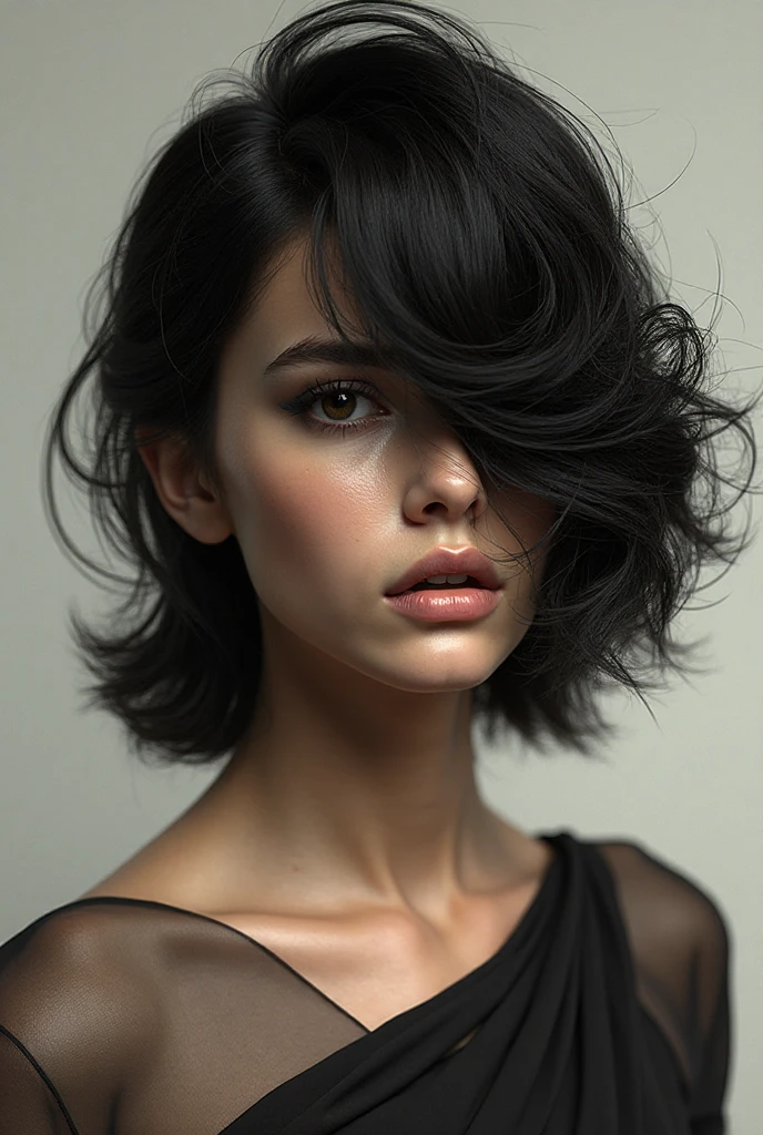 ebony woman, (to8contrast style), (Close-up portrait), open mouth, 8k RAW photo, highest quality, detailed hazel eyes, eye reflection, winged eyeliner, (looking at the viewer:1.3), best shadow, intricate details, interior, (bold hair:1.3), muted colors, high contrast style, glam shot, smoldering, (sultry:1.1), dof, bokeh, intense, languid, tempting, sensual, , longing, yearning, smitten, dark photography studio, minimal lighting, deep shadows, stark contrasts, dramatic highlights, (black backdrop:1.2), dimples, fullness, plumpness, natural blue lips, bold color, alluring, captivating, striking, unforgettable, stunning, breath-taking, timeless beauty. ( shoulders:1.2), headshot