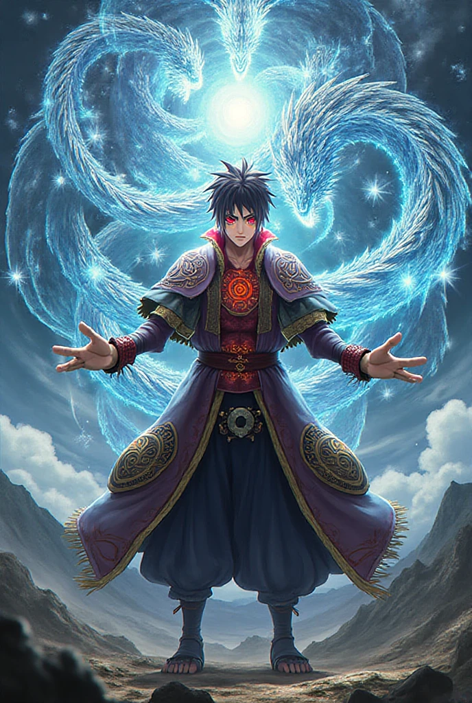 In the middle of an ancient forest and covered with vegetation, The essence of magic takes shape through a young man, seus cabelos leves como a neve e seus olhos uma chama rosa radiante. A mystical mark adorns his neck, cintilante com poder latente. Dentro de uma clareira, He is swallowed by a cascading torrent of purple flames, o calor do fogo temperado por uma energia sobrenatural. Like the magic fire spirals and dances, evokes a spinning dance of luminous particles, each a fragment of his ethereal aura. Arcane symbols materialize in the air, its glow casting a sinister light on his intense focus. The scene exudes a sense of ancient power and occult knowledge, As if the woods themselves were alive with long-forgotten secrets. The atmosphere is of serene intensity, where the balance of nature and magic intertwine. The illustration style captures this mystical aura through detailed digital art, combinando linhas intrincadas com paletas de cores vibrantes. --AR 16:9 --V 5