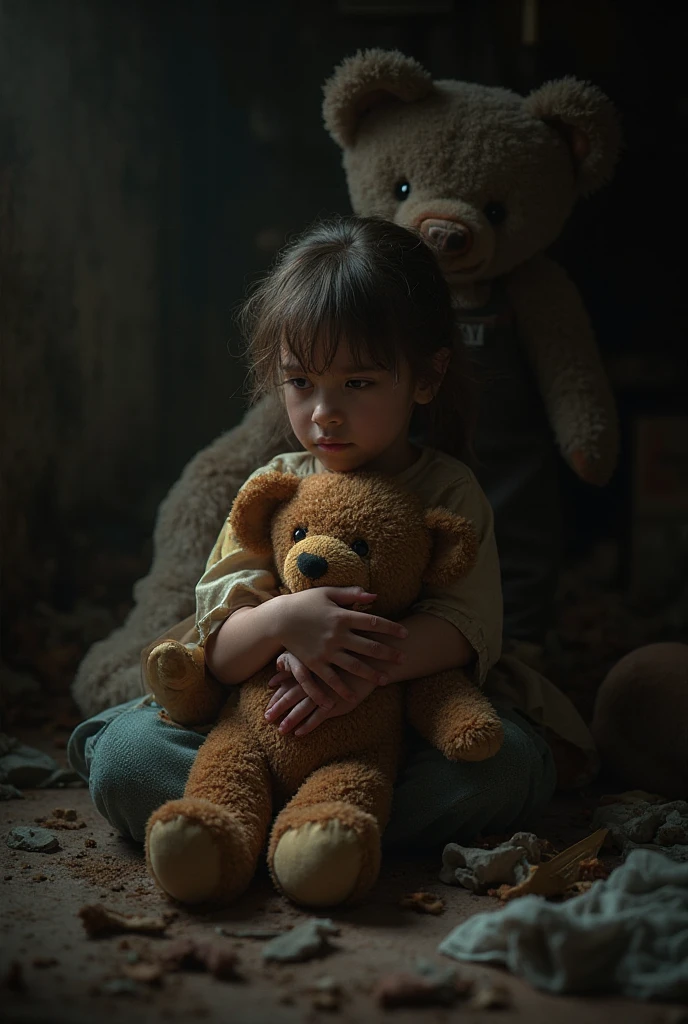Jon Bennett Patricia Ramsay, 6-year-old little girl, blonde-haired, holding a teddy bear, sitting in the basement, (dark environment: 1.5), dusty, with a wound on her face