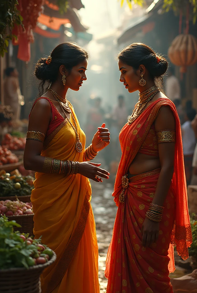 young Indian girl and her sister holding hands playfully  , 18-year-old,  ugly dress, poor girl surrounded by people ,   gentle sun lighting on face , firm boobs,  wearing low waist saree,  wide background,  full body photo, village , Ugly Slum, , village girl vibe, intricate  details, full body picture,pose flawless complexion, top-notch 3D rendering, hyper-realistic, shot on Indian road. photorealistic digital art trending on Artstation 8k HD high definition detailed realistic, detailed, skin texture, hyper detailed, realistic skin high resolution, detailed, raw photo, 400 camera f1.6 lens rich colors hyper realistic lifelike texture