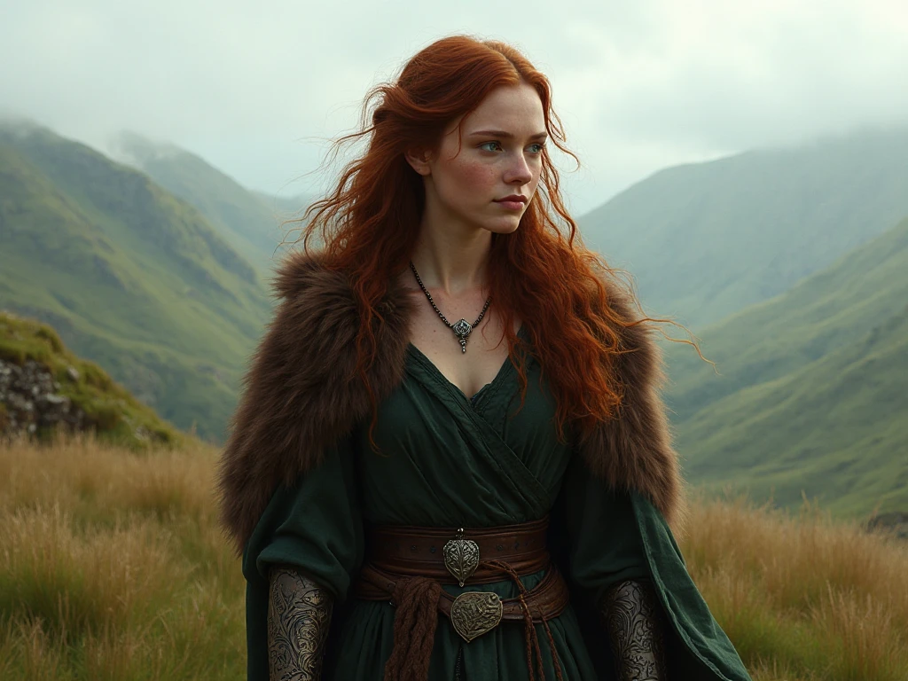 Woman in a medieval celtic warrior dress, (Celtic cosplay) , (ancient celts style:1.2), winter forest, celtic european beauty, Long and red hair,  red hair, bow and arrows, full body shot, winter jacket, ginger, freckles, smooth skin, white skin, , (perfect body),(detailed face),(realistic face) , (expressive face:1), ( pose:1.2), portrait, Looking at camera, (Highest quality), sony A7sIII, film stock,  photograph , kodak 400 camera f1.6 lens, cinestill 800, (Lente de 28 mm), third rule, rich colors , lifelike, texture, natural lighting, ((wide shot))