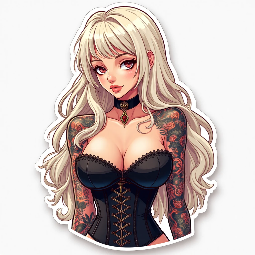 woman with a gothic tattoo on her chest, chest tattoo,gothic tattoos, blonde hair, 