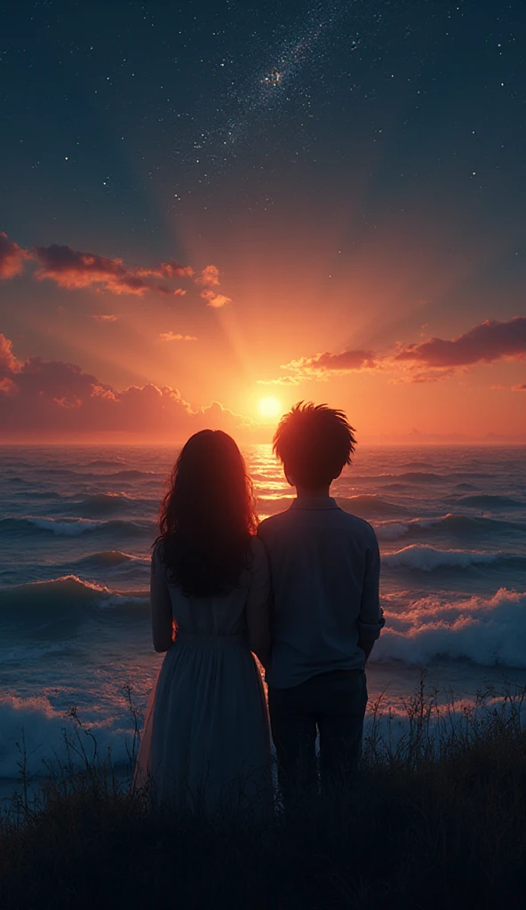 Boy and girl sitting in the beach with brightest moon,8k wallpaper, ultrahd