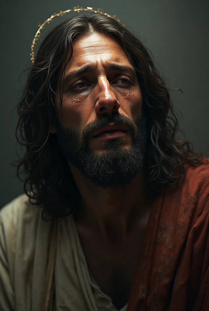 We need an image in which Jesus is crying and a lot of tears are flowing from his eyes, tears are flowing from his eyes, a lot of tears are flowing.