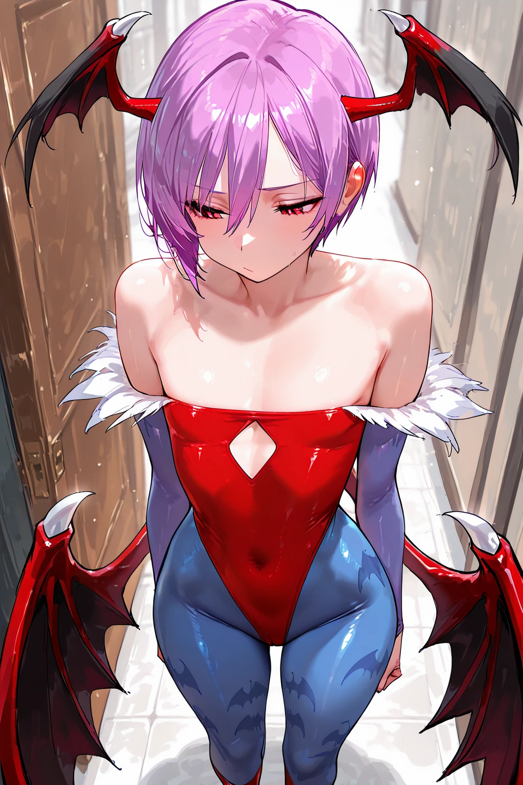 score_9, score_8_up, score_7_up, source anime, prefect lighting, very aesthetic, BREAK, anime coloring, 
<lora:lilith_darkstalkers_v2-pdv6:1>, 1girl, lilith \(darkstalkers\), red eyes, purple hair, short hair,  
lilithout, red leotard, blue pantyhose, print pantyhose, bat print, bridal gauntlets, highleg, bare shoulders, diamond cutout, head wings, 
BREAK, looking at viewer, light smile,
BREAK,