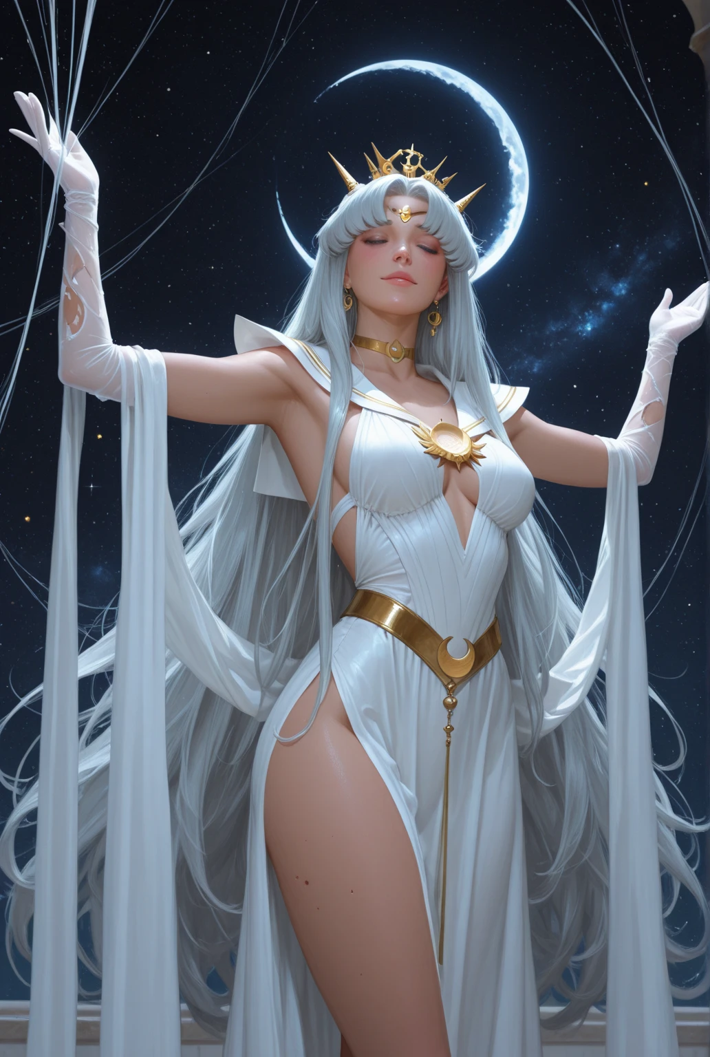 (masterpiece、Highest quality、High resolution、8K、16K)、((Alone in space、Beautiful Goddess、Standing posture、フローティング in the sky like a star))、((whole body))、Golden Cape、White long dress、No sleeve、Adorned with vibrant jewels、Gold Bracelet、Blonde middle、Beautiful brown eyes、A kind smile、Mouth closed、Elegant and detailed face、Graceful operation、Place one hand under your chest、Professional Lighting、The universe is full of light、Countless stars and nebulae、