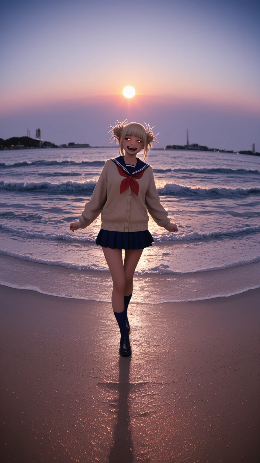 high quality,Accurate, attractive,youthful women, Blue eyes Green eyes Odd eye, rose color cheek, thin lips, black curly hair Beret, face forward, cute Mini dress that shows cleavage, beautiful, Thigh-high Socks loafers, Dangling earrings,Choker necklace, evening beach, sunlight,Angle of View