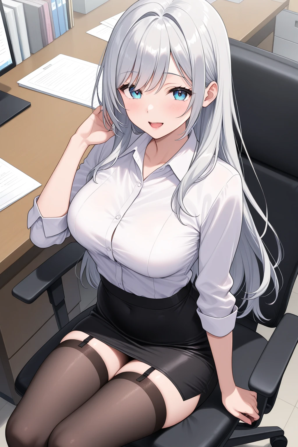 masterpiece, best quality, very aesthetic, high resolution, ultra-detailed, absurdres, newest, mature female, 
<lora:Artemis_Illu_Dwnsty:0.8>, artemis_def, blue eyes, white hair, hair between eyes, long hair, black blazer, formal, undershirt, white shirt, pencil skirt, black skirt, black pantyhose, buttons, 
medium breasts, (lips), (full-face blush:1.4), (body blush:1.2),  extremely detailed eyes, annoyed, bores,
highly detailed background, indoors,office, dark theme, window, city, desk, behind desk, office chair, on chair, sitting, reading, holding clipboard,