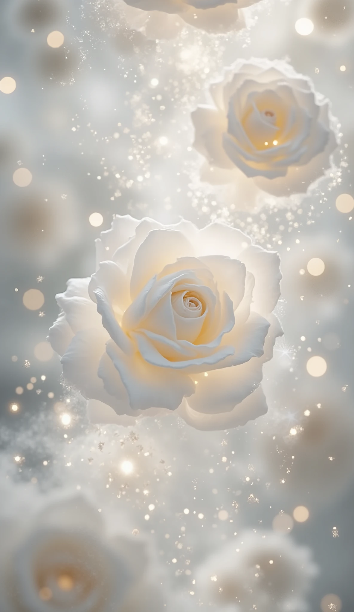 A magical scene of pure white roses floating gently in midair, surrounded by shimmering particles, glowing mist, and soft bokeh lights, the background filled with dreamy sparkles and ethereal white light, ultra-detailed, full-frame composition, no empty space