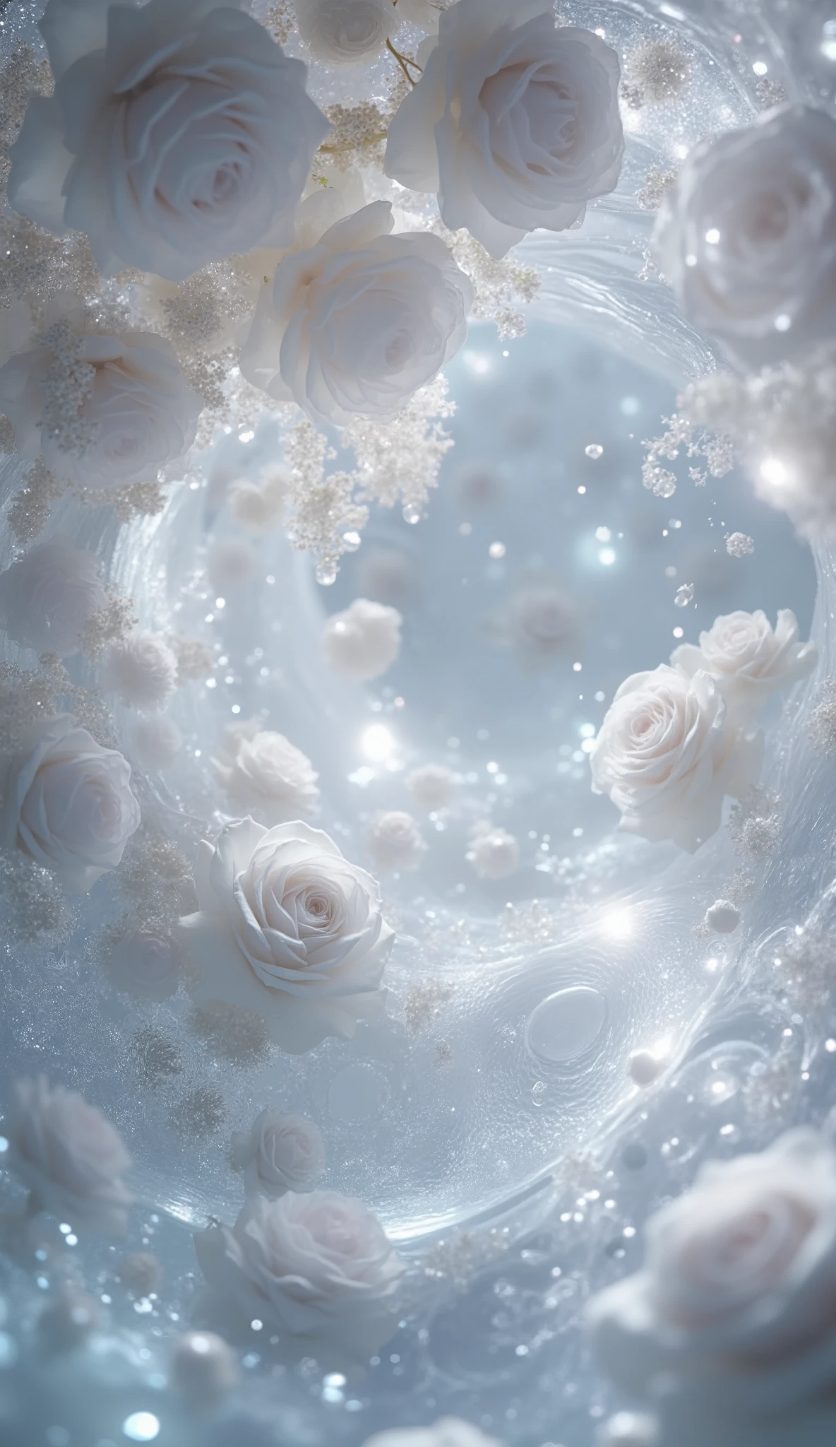 A fantasy landscape with dozens of white roses blooming over a sea of luminous pearls, shimmering reflections, translucent ripples, and twinkling light particles fill the scene, soft glow and full-frame layout with no empty space