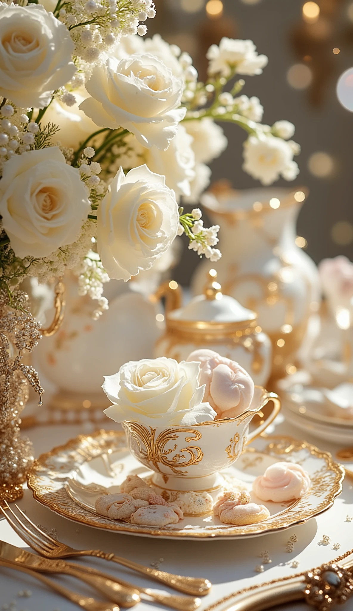 A luxurious afternoon tea scene with a white rose bouquet placed beside an ornate tea set, golden cutlery, elegant pastel desserts, pearl decorations, and floating sparkles, full-frame composition with dreamy lighting and fine details
