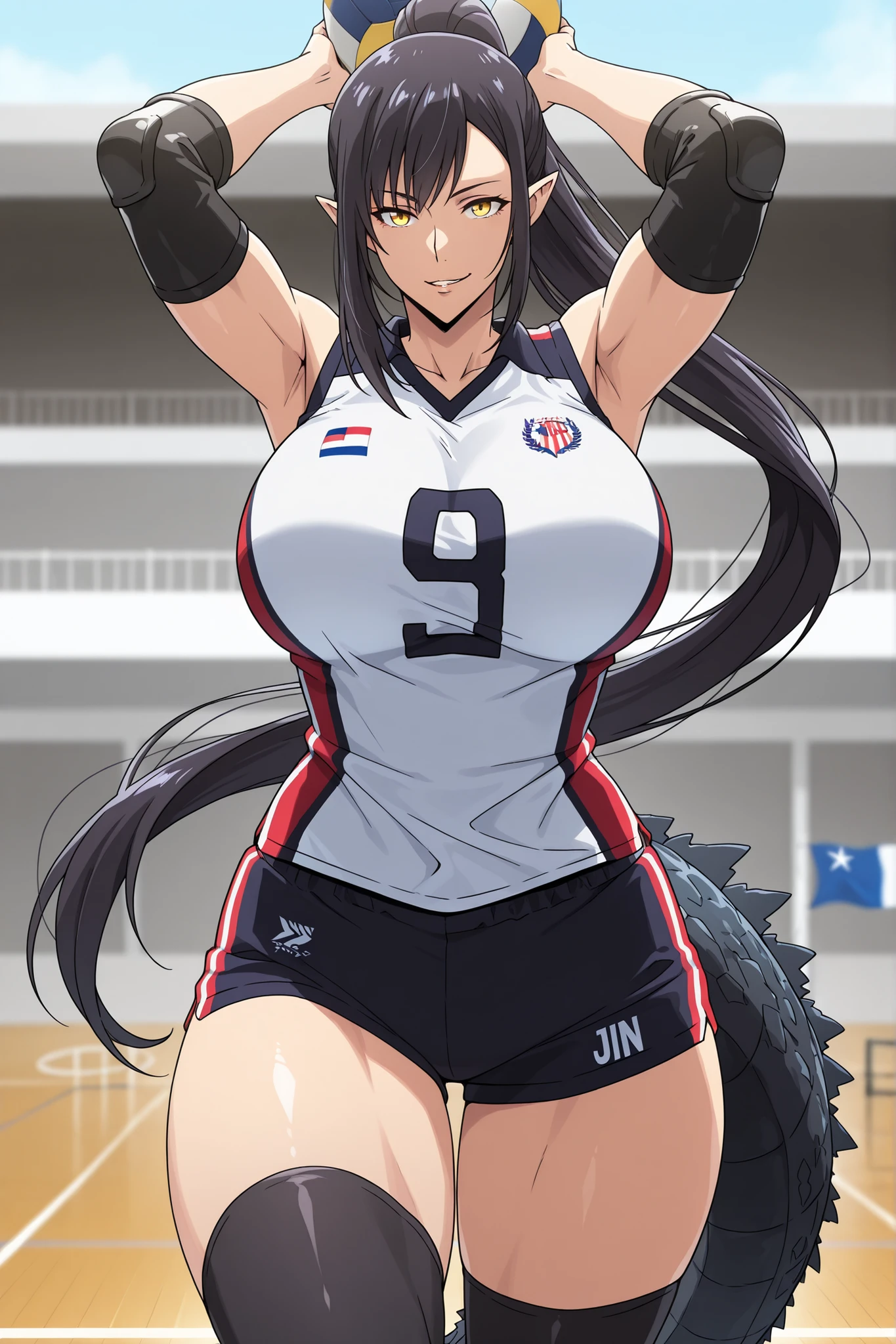 anime screencap, masterpiece, best quality, jin-ah, 1girl, adult Female, solo, yellow eyes, absurdly long hair, ponytail, sidelocks, pointy ears, Godzilla tail, Godzilla long tail, very long tail, black hair, nails claws, attractive face, strict attributes, ractical body shape, glamorous bodies, attractive bodies, fit bodies, big Curvy, big breasts, big hips, thick thighs, Toned thighs, front view detailed body, high body, PARTED LIPS, ARMPITS, ARMS UP, BALL, JUMPING, MIDAIR, VOLLEYBALL, VOLLEYBALL, (volleyball uniform Usa flag, sportswear, elbow pads, elbow sleeve, black thighhighs, sleeveless, shorts, short shorts, gym, blurry background, Sexy,), Smirk, looking at the viewer , cowboy shot , outdoors ,