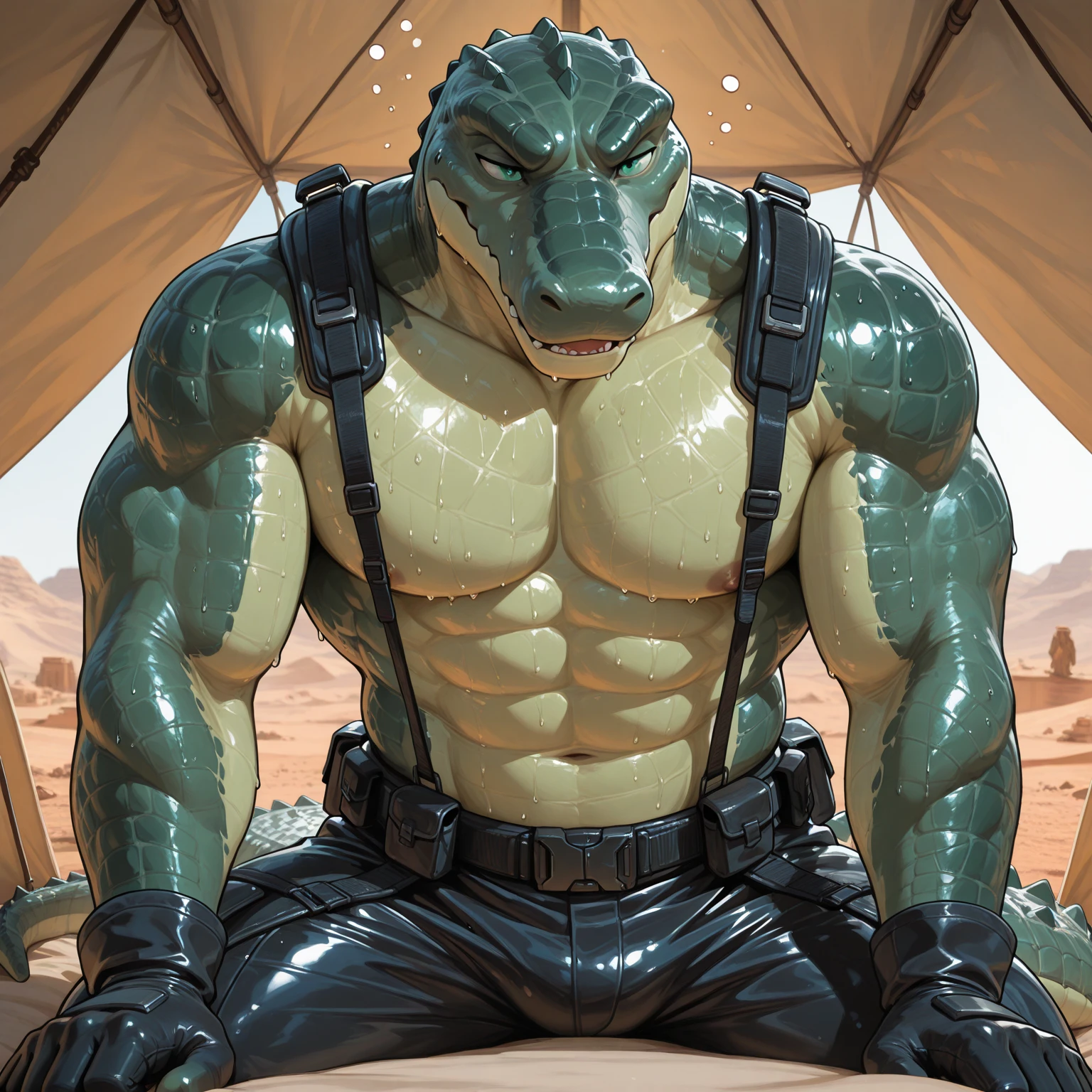 ((( masterpiece, Highest quality, High resolution, Deeply drawn boundaries, 8k, Super detailed))), ((Detailed face:1.2, Detailed eyes)), Lizardman, male , (slim), ( suit), Full body view, (belly scales), Poolside, Standing with , Slit pupil, Green scales, barefoot, Arms crossed, Toned , 