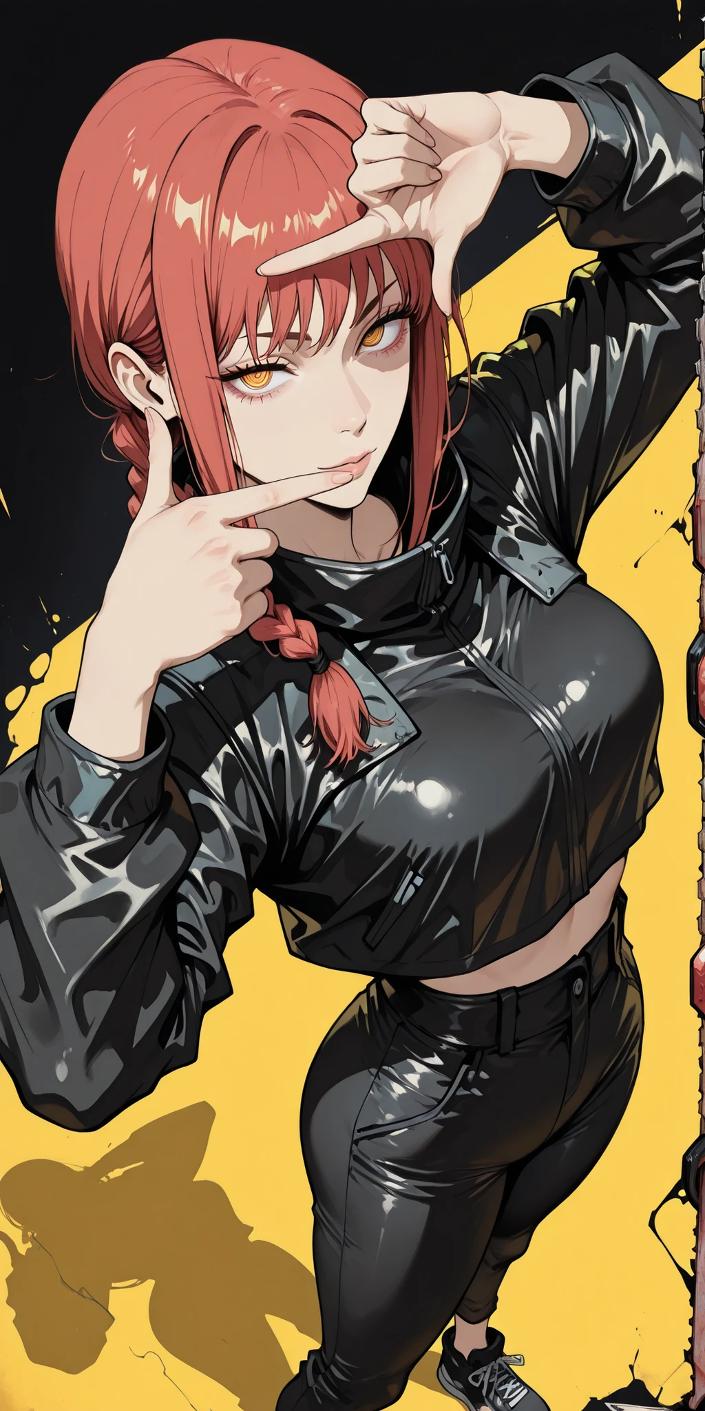 ((looking at the spectator)), ((unique background)), intricate details, High quality, aesthetic, ultra detailed, (masterpiece, detailed:1.2), ((knee-deep dramatic image)), Fantasy eyes, slightly large breasts, body fit, soft curves, 1girl, hands(chainsaw man), cyberpunk jacket, black top, cyberpunk pants, low waist pants, reddish hair, braided hair, yellow-eyed, very detailed eyes, looking at viewer, seductive expression, slender, standing, finger frame, angle from above,