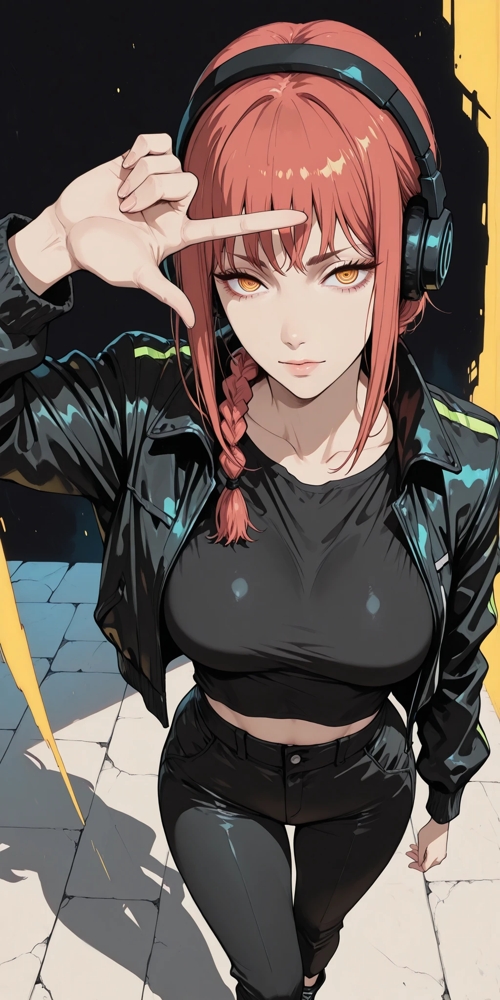 ((looking at the spectator)), ((unique background)), intricate details, High quality, aesthetic, ultra detailed, (masterpiece, detailed:1.2), ((knee-deep dramatic image)), Fantasy eyes, slightly large breasts, body fit, soft curves, 1girl, hands(chainsaw man), cyberpunk jacket, black top, cyberpunk pants, low waist pants, reddish hair, braided hair, yellow-eyed, very detailed eyes, headphones, looking at viewer, seductive expression, slender, standing, finger frame, angle from above, CyberpunkDetails,