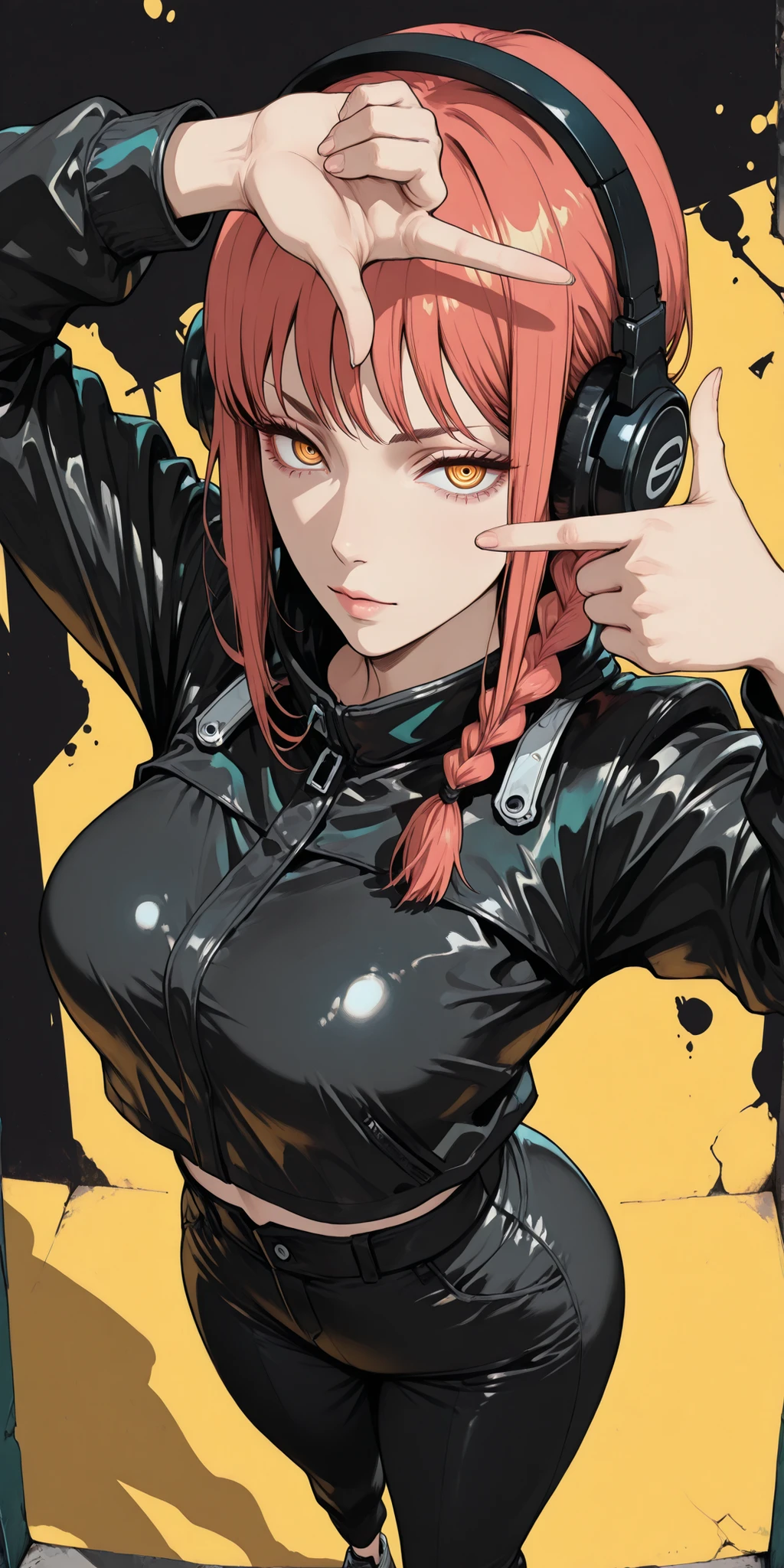 ((looking at the spectator)), ((unique background)), intricate details, High quality, aesthetic, ultra detailed, (masterpiece, detailed:1.2), ((knee-deep dramatic image)), Fantasy eyes, slightly large breasts, body fit, soft curves, 1girl, hands(chainsaw man), cyberpunk jacket, black top, cyberpunk pants, low waist pants, reddish hair, braided hair, yellow-eyed, very detailed eyes, headphones, looking at viewer, seductive expression, slender, standing, finger frame, angle from above, CyberpunkDetails, better angle,
