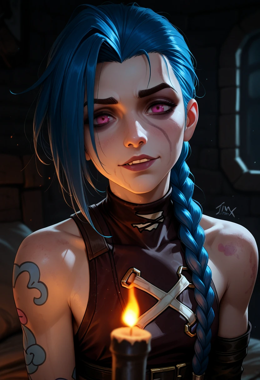 (masterpiece, Best quality), 1 girl, close-up, portrait, очень уальная, full length (full body 1.1.), , , Beautiful elastic breasts, , , ,  очень feminine,  грудь, , explosions, burning city, Beautiful waist, gloomy composition, flame, fire, Flash, very beautiful, feminine, long hair, hair braided in long braids, очень уальная, emphasis on the eyes, face accent, Beautiful face, Hands, Hair, Haired ponytail, tie ,red purple eyes, Jinx is crying, Blue cloud tattoo, (masterpiece, Best quality), Side lighting, beautiful detailed eyes, sad face), (Best quality), (masterpiece), magic photography, Spectacular lighting, Photorealism, ultra detailed, интимная portraitная композиция, 1. 4,8 k UHD, SLR camera, aesthetic, Cd., A high resolution, 8 k, better lighting, Best shade, Ultra-HD, A high resolution, sharp focus, Complex background, Cinematic lighting, ((Landscape view)), 4K block, (better lighting), ((Cinematic lighting)),