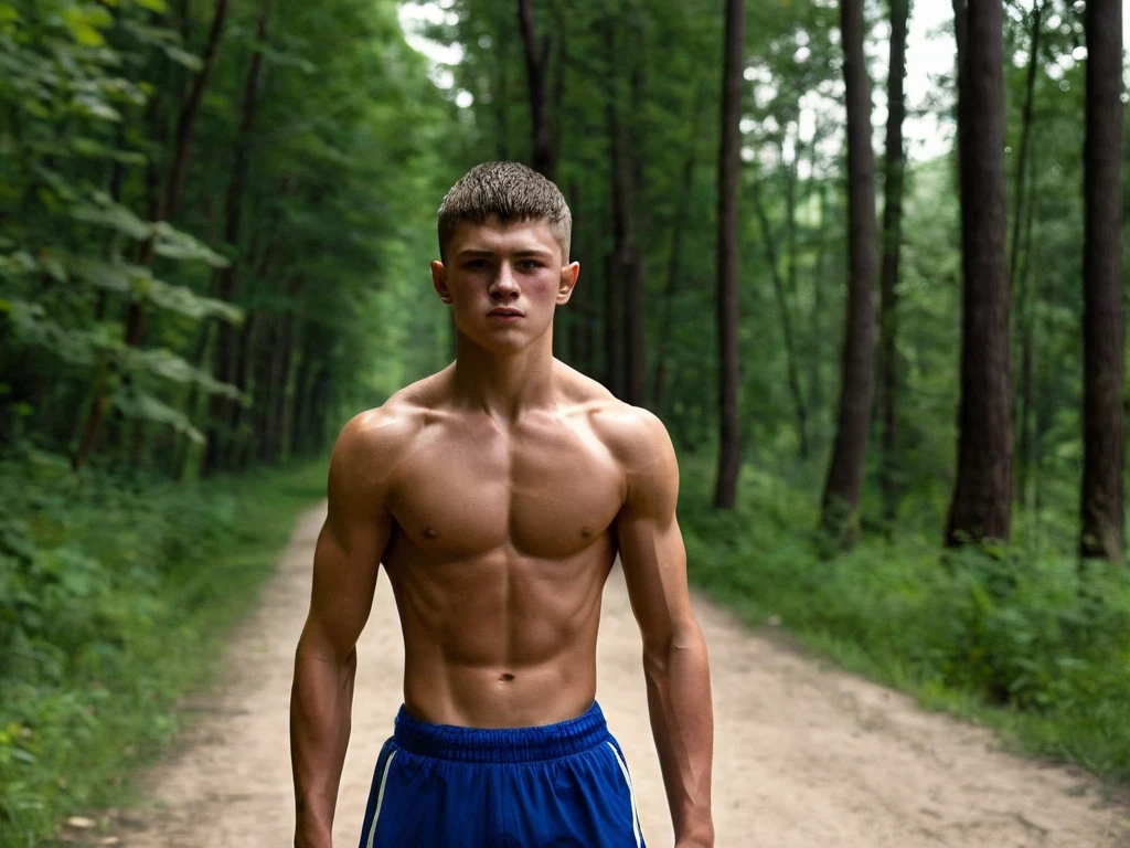 Raise a white-skinned teenager, straight, dark hair, defined body, wearing short black ball playing shorts, wearing , sweating after playing ball at night 