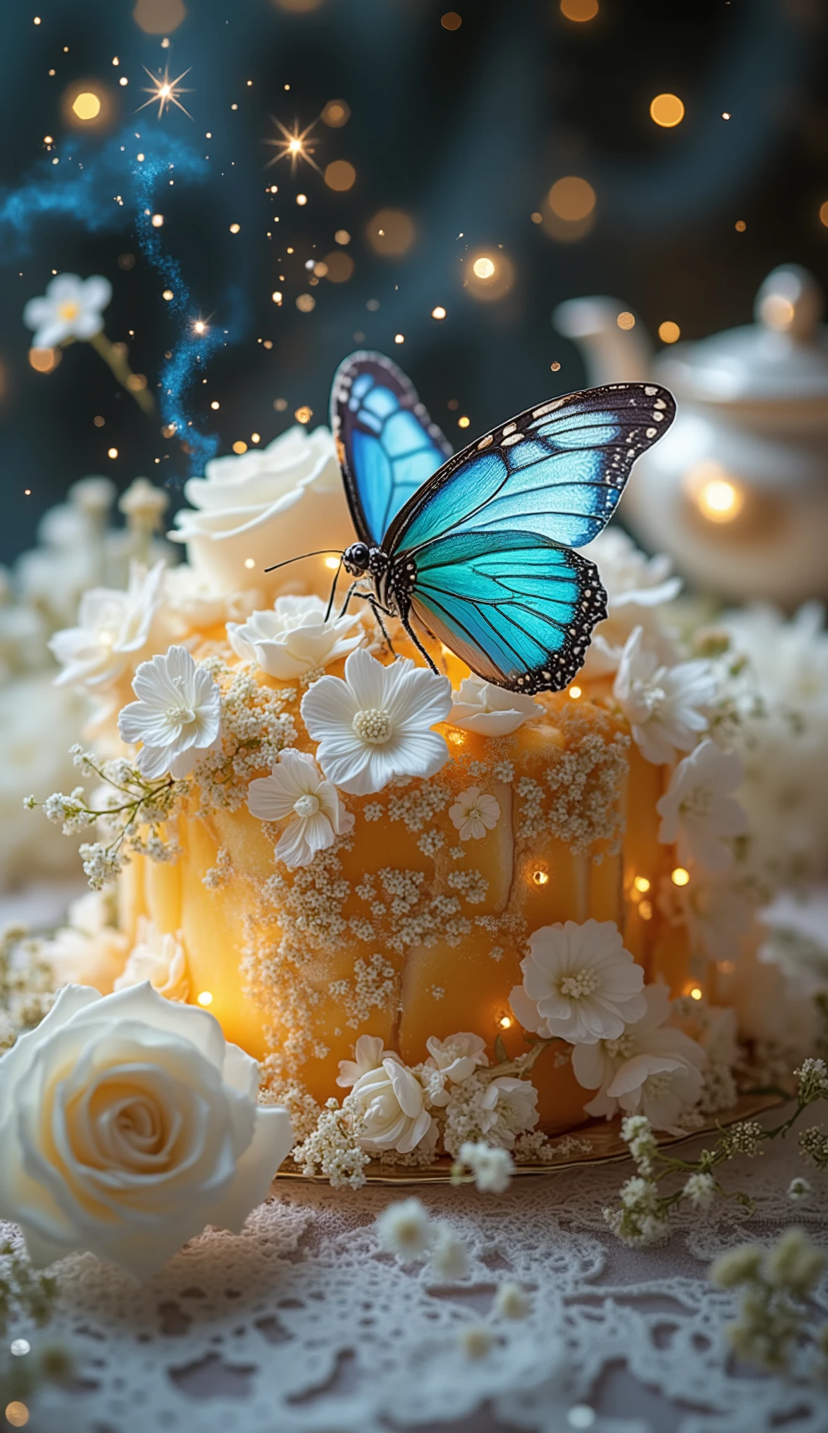 A beautifully decorated fruit cake surrounded by blooming white roses, with a vivid blue butterfly gently resting on top, soft glowing sparkles floating in the air, delicate lace tablecloth, elegant tea set in the background, dreamy and fantasy-inspired full-frame composition
