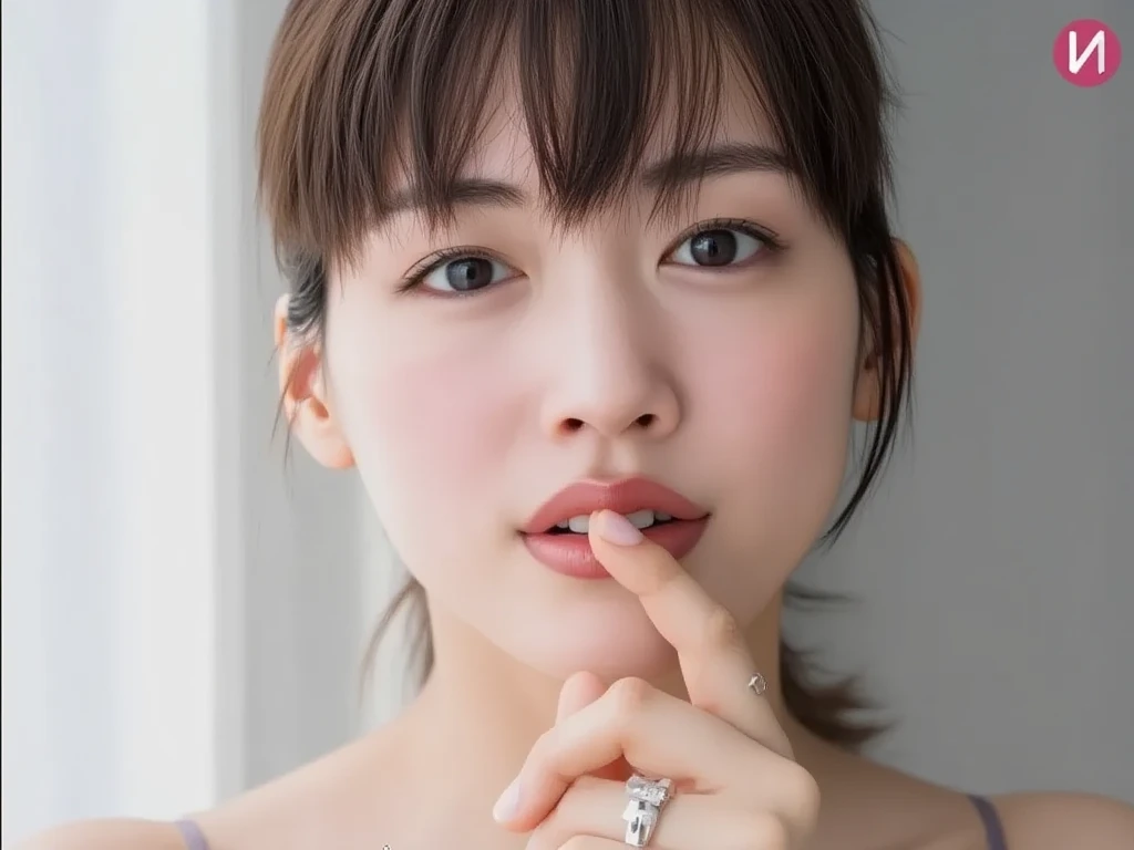 ((Highest quality, 8K, Representative works in detail, Ultra-high resolution)), (Looking at the audience), (Cowboy Shot), Attractive woman, ((Big Breasts)),  smile, ((Black Choker)), Slim figure, (blue eyes), Long eyelashes, bangs, Beautiful shiny brown hair, Nogizaka idol, Slim face、((Ivory white blazer))、bedroom、horor、horor Scene、Evil smile、((Incredibly long tongue)), tentacle-like tongue、Monster Woman、Predator、Attacking Woman、Long and thin tongue、Pointed Tongue