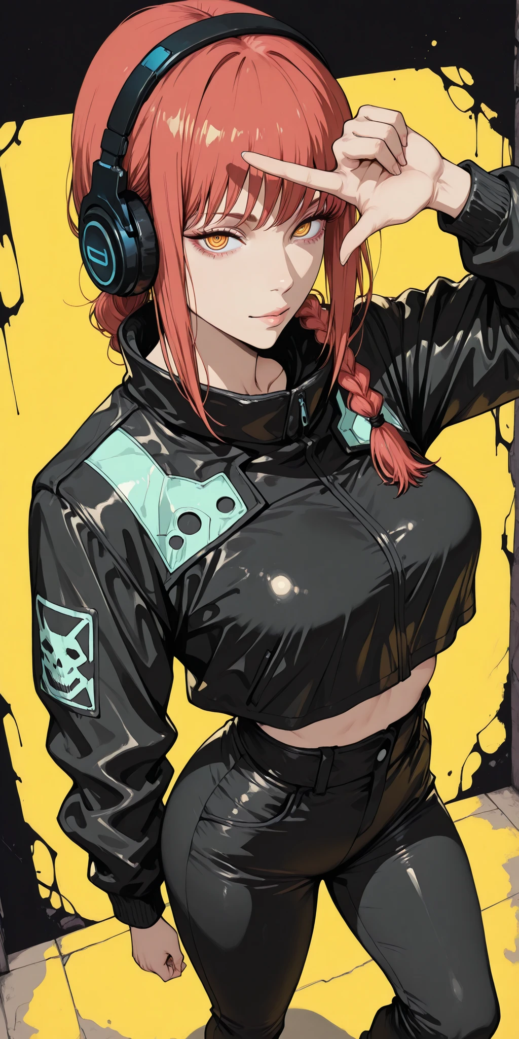 ((looking at the spectator)), ((unique background)), intricate details, High quality, aesthetic, ultra detailed, (masterpiece, detailed:1.2), ((knee-deep dramatic image)), Fantasy eyes, slightly large breasts, body fit, soft curves, 1girl, hands(chainsaw man), cyberpunk jacket, black top, cyberpunk pants, low waist pants, reddish hair, braided hair, yellow-eyed, very detailed eyes, headphones, looking at viewer, seductive expression, slender, standing, finger frame, angle from above, CyberpunkDetails,