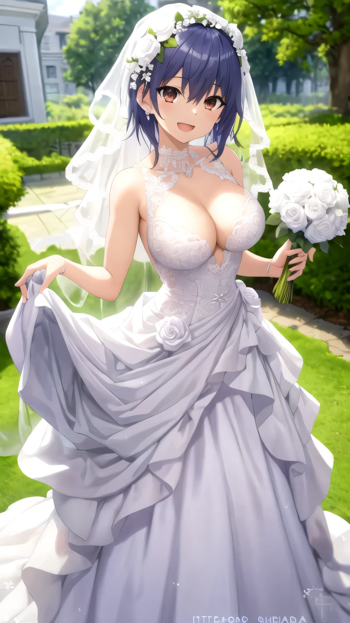 masterpiece, best quality, high quality, girl, solo, looking at viewer, itsuka_shidou, large breasts, wedding Dress, standing, smile, open mouth, outdoors