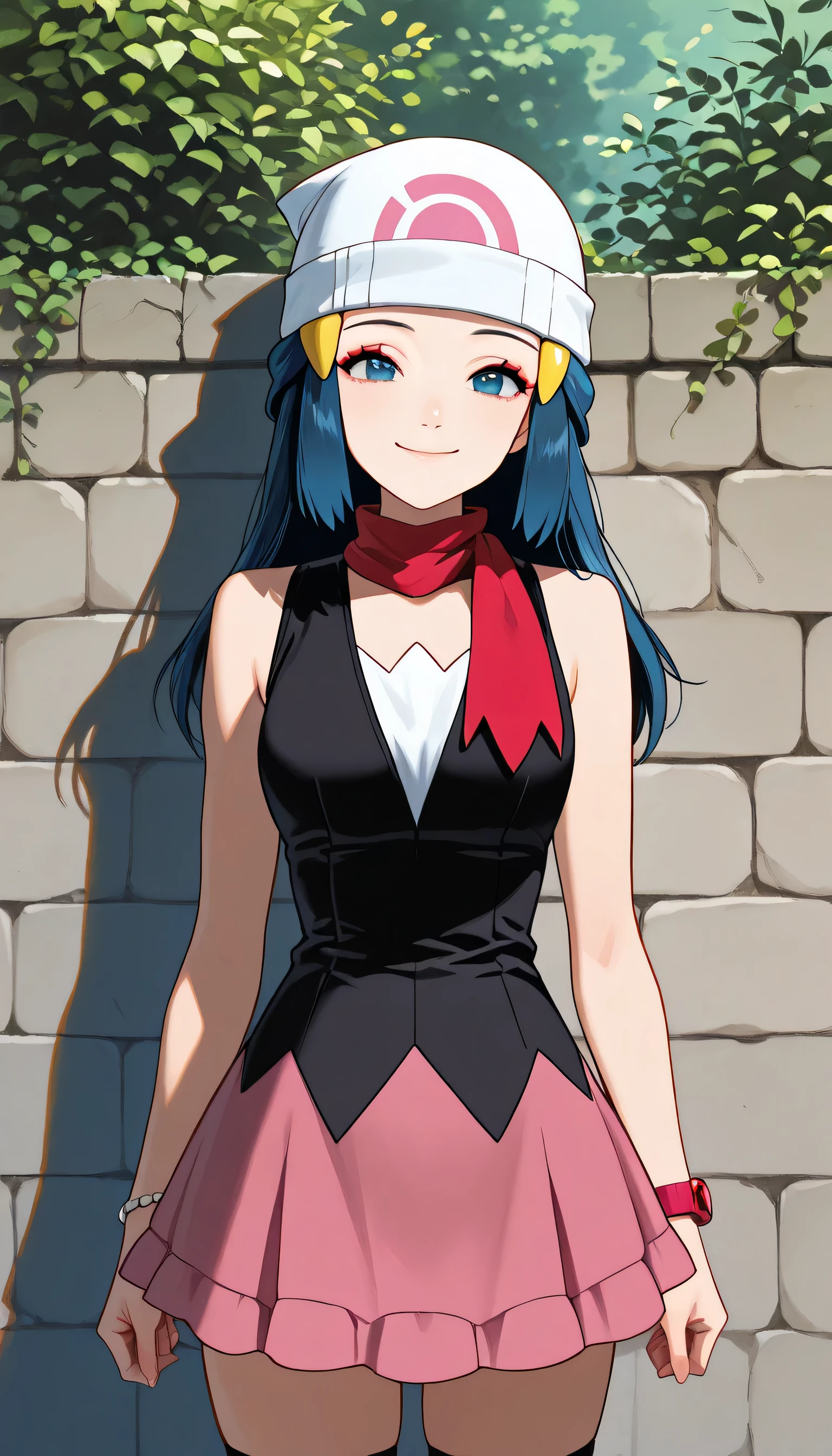 (score_9, score_8_above, score_7_above, source_anime, ZZAmanecer ,1girl), (extremely detailed CG wallpaper of 8k),(masterpiece), (mejor calidad), (ultra detail), (best illustration),(Dan Mumford style), cowboy shot, close above, Standing, in front of the spectator, looking at the spectator, perfect face, perfect eyes, perfect fingers, (sharp eyeliner, ombre, detailed eyes:1), traditional media, outdoor, resolution garden , Stone wall , REST , aboveper body, Alone, cabello azul, blue eyes, side locks, cabello largo, bare shoulders, beret, black shirt, black socks, bracelet, has, joyería, socks, miniFalda, pink Falda, red scarf, scarf, shirt, Falda, sleeveless, sleeveless shirt, white cap, smile