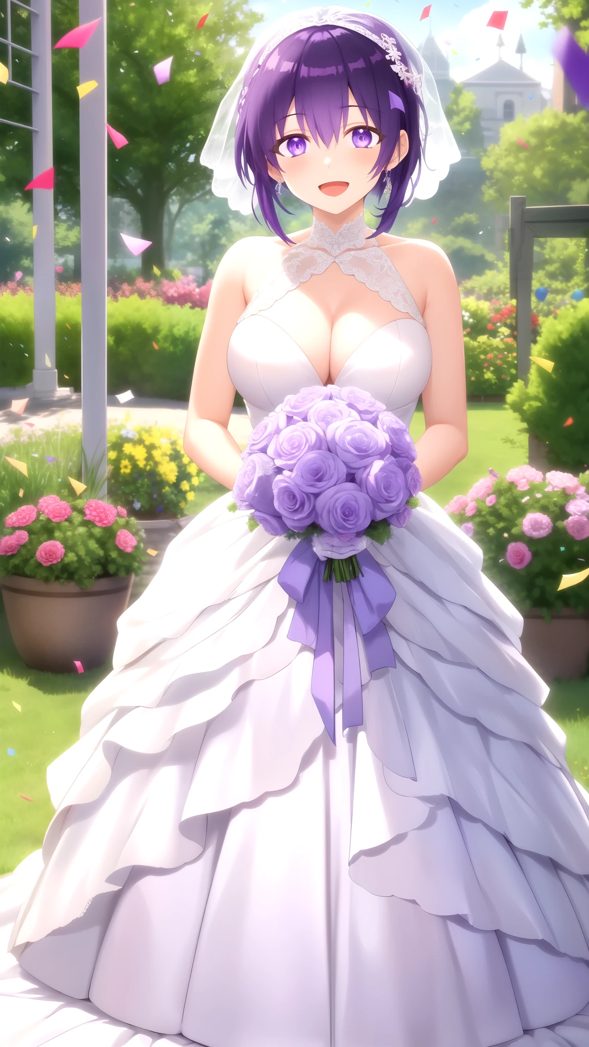 masterpiece, best quality, high quality, girl, solo, looking at viewer, yuuki_izumi, purple eyes, purple hair, large breasts, wedding Dress, standing, garden, confetti, holding bouquet, smile, open mouth,