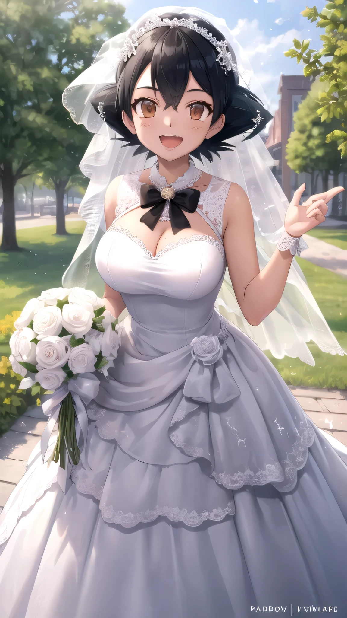 masterpiece, best quality, high quality, girl, solo, looking at viewer, Ash Ketchum, Black hair, Brown eyes, large breasts, wedding Dress, standing, smile, open mouth, outdoors 