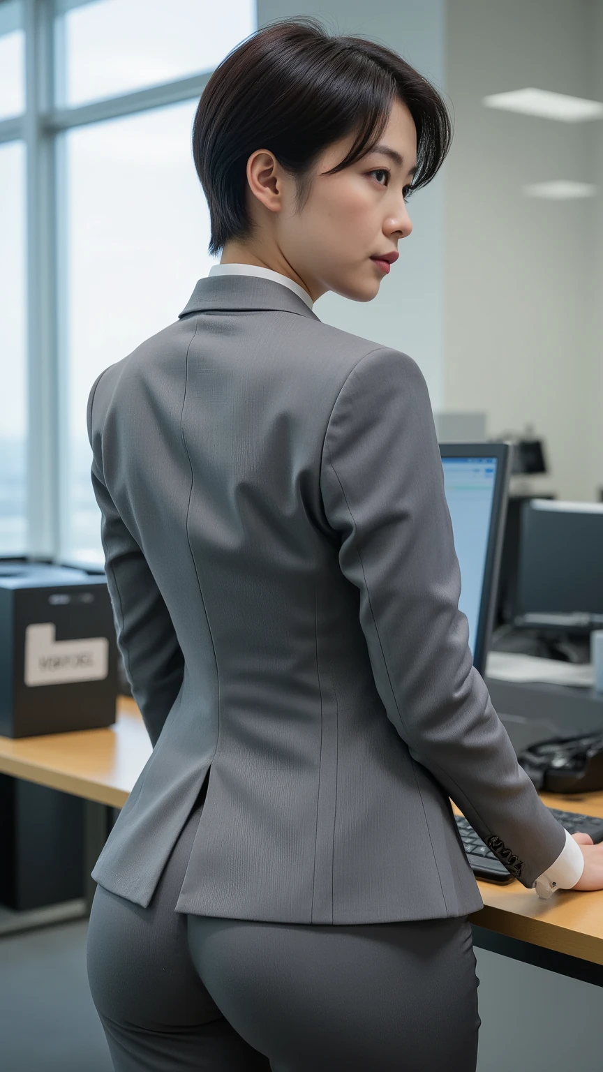 (Best quality, 8k, 32k, Masterpiece, UHD:1.2), 1girl, beautiy Japanese woman, narrow waist, grey suit, white shirt, office lady, suit, pants, , office room, desk,  (stick out one's :1.2), detailed face, short hair,