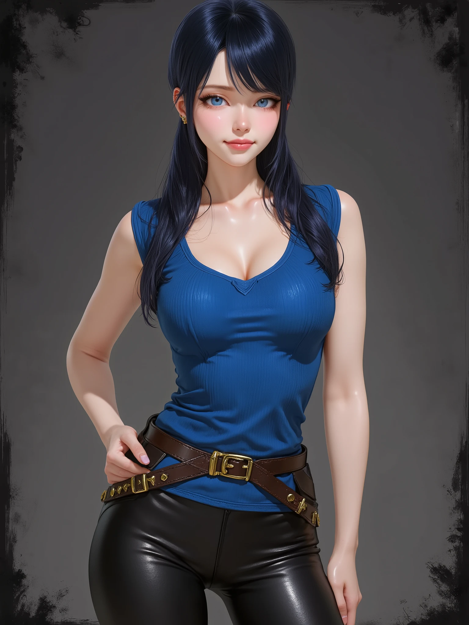 marinette Dopanchan, A very beautiful and cute 22 year old woman. Slight smile, long hair, deep gaze, blue eyes, western eyes, detailed blue eyes, beautiful eyes, natural pink lips, thin lips, detailed lips, beautiful lips, clear face. Fair skin, perfect body, very feminine body, well-formed thighs, perfect proportions, perfect thighs, perfect , anatomical correct. Saxon blue medieval fitted sleeveless t-shirt, jet-black medieval style leather paladin pants, golden medieval style leather belt. Half body view, cowboy shot, RAW, standing, full body view, looking at the viewer, dynamic pose, graceful pose, relaxed pose, view frontal. Bright lighting, vibrant colors, colorful, sharp foreground, clear image, sharp focus, soft depth of field, blurry background, bokeh background. Masterpiece, best quality, high resolution, top quality, high quality, UHD, 16k quality, no blur, film grain. The background is dark_gray and painted with expressive, visible textures using dynamic brushstrokes and strokes that add depth and movement. The paint covers only the area just behind the subject. The outer edges of the image with jet-black margins, as if the background had been painted with a brush and with expressive and visible textures using dynamic brushstrokes and strokes fading toward the edges creating a modern and artistic vignette effect.