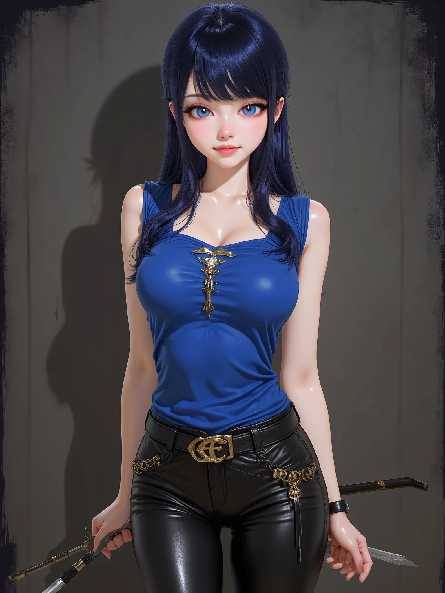 marinette Dopanchan, A very beautiful and cute 22 year old woman. Slight smile, long hair, deep gaze, blue eyes, western eyes, detailed blue eyes, beautiful eyes, natural pink lips, thin lips, detailed lips, beautiful lips, clear face. Fair skin, perfect body, very feminine body, well-formed thighs, perfect proportions, perfect thighs, perfect , anatomical correct. Saxon blue medieval fitted sleeveless t-shirt, jet-black medieval style leather paladin pants, golden medieval style leather belt. Half body view, cowboy shot, RAW, standing, full body view, looking at the viewer, dynamic pose, graceful pose, relaxed pose, view frontal. Bright lighting, vibrant colors, colorful, sharp foreground, clear image, sharp focus, soft depth of field, blurry background, bokeh background. Masterpiece, best quality, high resolution, top quality, high quality, UHD, 16k quality, no blur, film grain. The background is dark_gray and painted with expressive, visible textures using dynamic brushstrokes and strokes that add depth and movement. The paint covers only the area just behind the subject. The outer edges of the image with jet-black margins, as if the background had been painted with a brush and with expressive and visible textures using dynamic brushstrokes and strokes fading toward the edges creating a modern and artistic vignette effect.