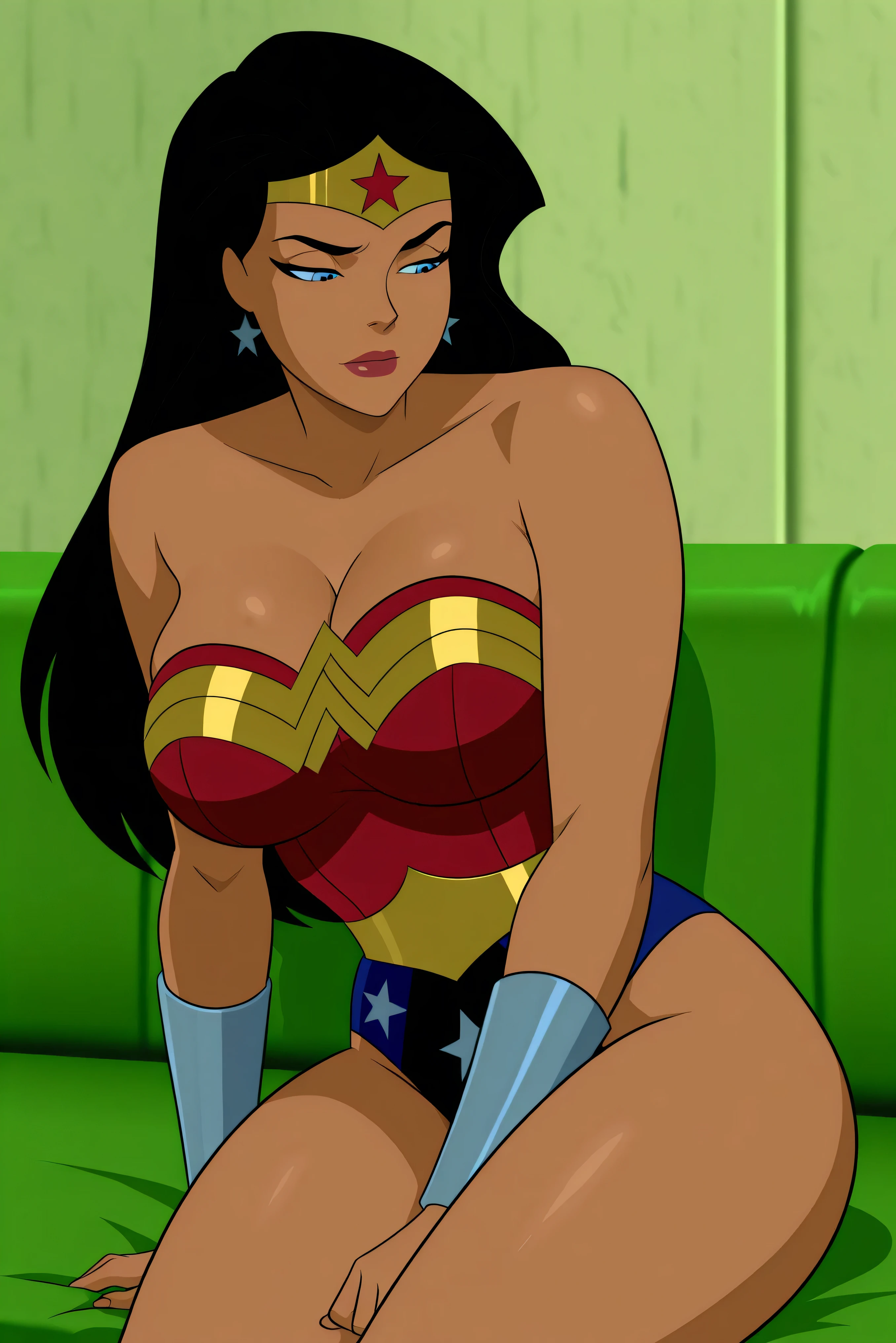 anime coloring, dramatic lighting, intricate details, masterpiece, best quality, absurdres, depth, Diana_XL, 1girl, solo, closed eyes, black hair, long hair, big breasts, cleavage, jewelry, bracers, vambraces, bare shoulders, earrings, star (symbol), strapless, makeup, tiara, lipstick, circlet, star earrings, superhero, lips, leotard, red leotard, white star print, perfect thighs, cowboy shot, full lips, prison background, closer up, full red lips, closed mouth, half closed eyes, blue eyes, furrowed eyebrows, close up, tan skin, gray office background, sitting on couch,