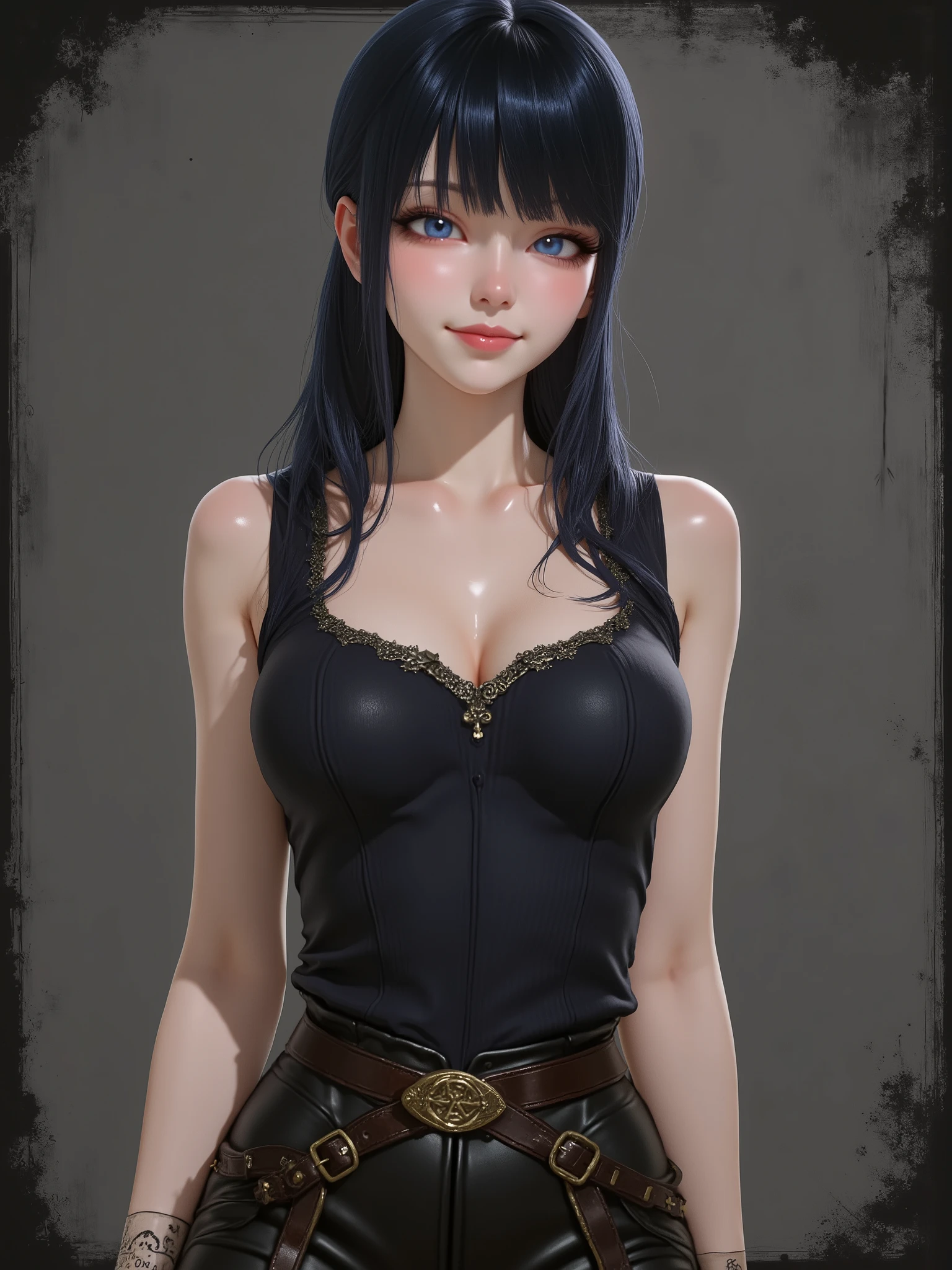 marinette Dopanchan, A very beautiful and cute 22 year old woman. Slight smile, long hair, deep gaze, blue eyes, western eyes, detailed blue eyes, beautiful eyes, natural pink lips, thin lips, detailed lips, beautiful lips, clear face. Fair skin, perfect body, very feminine body, well-formed thighs, perfect proportions, perfect thighs, perfect , anatomical correct. Jet-black medieval fitted sleeveless t-shirt, jet-black medieval style tight leather pants, golden medieval style leather belt. Half body view, cowboy shot, RAW, standing, full body view, looking at the viewer, dynamic pose, graceful pose, relaxed pose, view frontal. Bright lighting, vibrant colors, colorful, sharp foreground, clear image, sharp focus, soft depth of field, blurry background, bokeh background. Masterpiece, best quality, high resolution, top quality, high quality, UHD, 16k quality, no blur, film grain. The background is dark_gray and painted with expressive, visible textures using dynamic brushstrokes and strokes that add depth and movement. The paint covers only the area just behind the subject. The outer edges of the image with jet-black margins, as if the background had been painted with a brush and with expressive and visible textures using dynamic brushstrokes and strokes fading toward the edges creating a modern and artistic vignette effect.