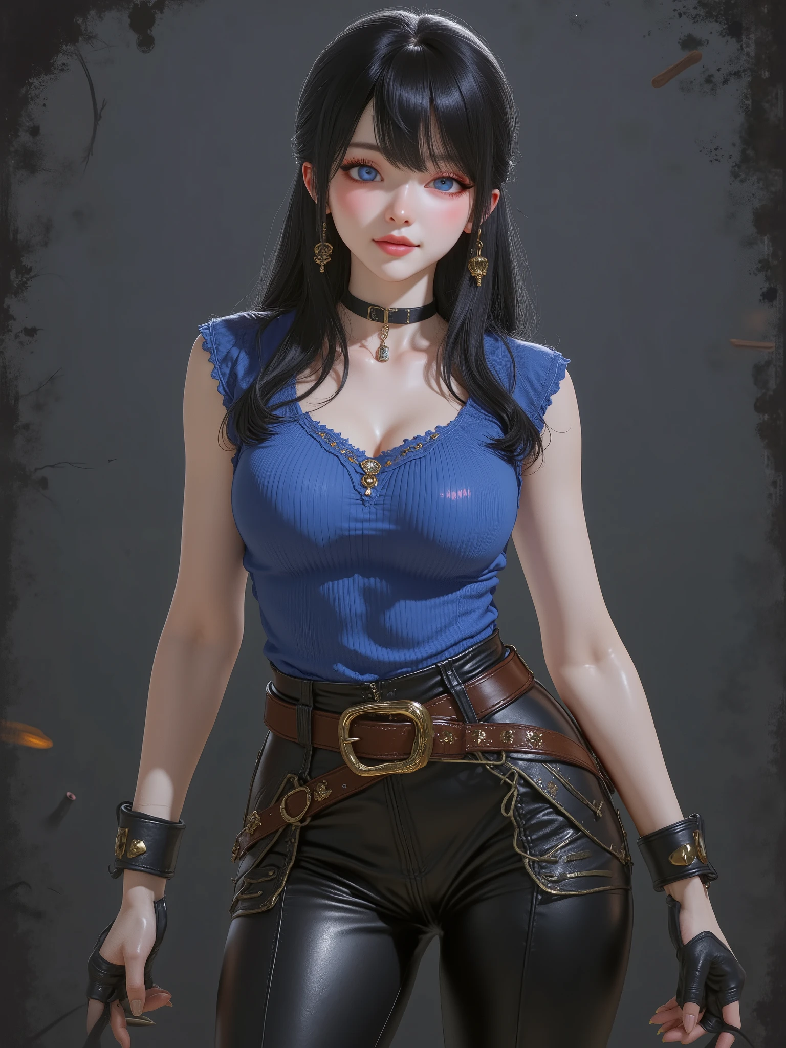 marinette Dopanchan, A very beautiful and cute 22 year old woman. Slight smile, long hair, deep gaze, blue eyes, western eyes, detailed blue eyes, beautiful eyes, natural pink lips, thin lips, detailed lips, beautiful lips, clear face. Fair skin, perfect body, very feminine body, well-formed thighs, perfect proportions, perfect thighs, perfect , anatomical correct. Saxon blue medieval fitted sleeveless t-shirt, jet-black medieval style leather paladin pants, golden medieval style leather belt. Half body view, cowboy shot, RAW, standing, full body view, looking at the viewer, dynamic pose, graceful pose, relaxed pose, view frontal. Bright lighting, vibrant colors, colorful, sharp foreground, clear image, sharp focus, soft depth of field, blurry background, bokeh background. Masterpiece, best quality, high resolution, top quality, high quality, UHD, 16k quality, no blur, film grain. The background is dark_gray and painted with expressive, visible textures using dynamic brushstrokes and strokes that add depth and movement. The paint covers only the area just behind the subject. The outer edges of the image with jet-black margins, as if the background had been painted with a brush and with expressive and visible textures using dynamic brushstrokes and strokes fading toward the edges creating a modern and artistic vignette effect.