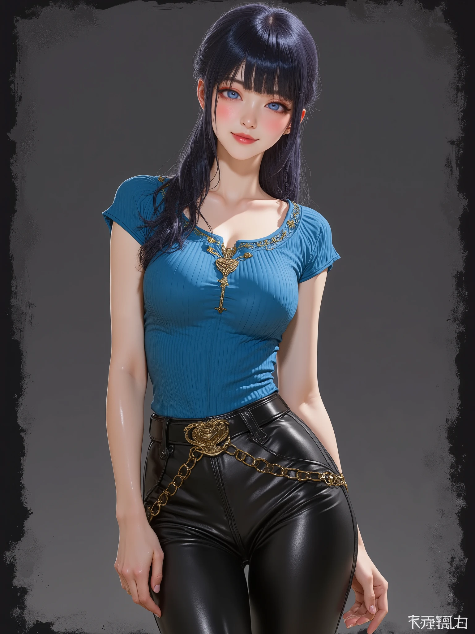 marinette Dopanchan, A very beautiful and cute 22 year old woman. Slight smile, long hair, deep gaze, blue eyes, western eyes, detailed blue eyes, beautiful eyes, natural pink lips, thin lips, detailed lips, beautiful lips, clear face. Fair skin, perfect body, very feminine body, well-formed thighs, perfect proportions, perfect thighs, perfect , anatomical correct. Saxon blue medieval fitted sleeveless t-shirt, jet-black medieval style leather paladin pants, golden medieval style leather belt. Half body view, cowboy shot, RAW, standing, full body view, looking at the viewer, dynamic pose, graceful pose, relaxed pose, view frontal. Bright lighting, vibrant colors, colorful, sharp foreground, clear image, sharp focus, soft depth of field, blurry background, bokeh background. Masterpiece, best quality, high resolution, top quality, high quality, UHD, 16k quality, no blur, film grain. The background is dark_gray and painted with expressive, visible textures using dynamic brushstrokes and strokes that add depth and movement. The paint covers only the area just behind the subject. The outer edges of the image with jet-black margins, as if the background had been painted with a brush and with expressive and visible textures using dynamic brushstrokes and strokes fading toward the edges creating a modern and artistic vignette effect.