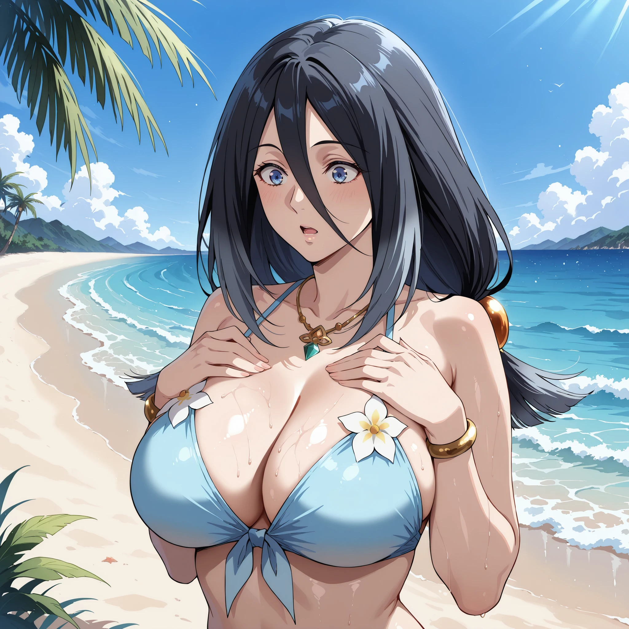 Shildina, , a black-haired woman with hair between the eyes and deep blue eyes, Clear and smooth skin. surprised expression, hands on breasts. She wears a light blue bikini with flower design, drops of water run through your skin, highlighting her curvaceous figure and large breasts. She wears gold bracelets and a necklace with a shiny yellow. She is walking on a crystalline lake of white sand, palm trees and turquoise sea under a clear sky. ultra detailed anime style, vibrant lighting, realistic textures, shiny, moist skin. 4K resolution, masterpiece.