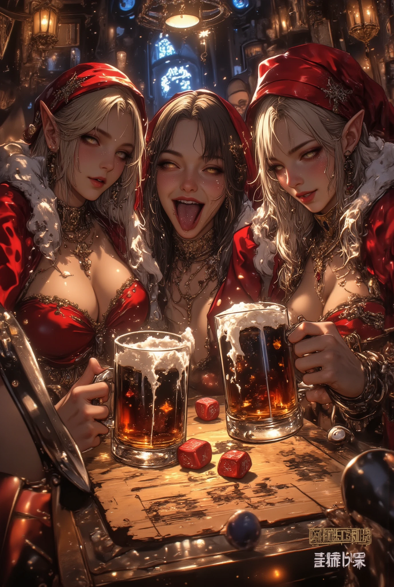 ArsMJStyle, ChiaroscuroFantasy,short Christmas elves drinking at the local north pole pub, they are having fun rolling dice, frothy mugs of ale with sweat beads, sexy short elven women watching on. laughter