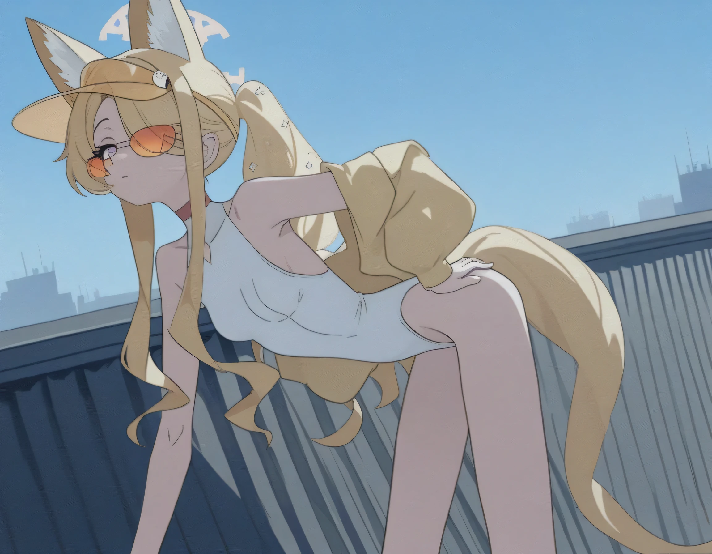 masterpiece, ultra-HD, impressionism, high detail, best quality, very aesthetic, 8k, best quality, beautiful, tmchng, anime coloring , Seia swimsuit (Blue Archive) , solo , eyelashes, long sidelocks blonde hair , purple eyes, sidelocks , hair over one eye , tail , fox ear, halo, small breasts , thin arms, thin legs , bare shoulders, collarbone , collar, choker, open yellow jacket , white one-piece swimsuit , highleg swimsuit , yellow visor cap , orange-tinted eyewear, tinted eyewear , sunglasses , hand on hip , thighs , seductive standing , arched back , blue clear sky background , building , rooftop