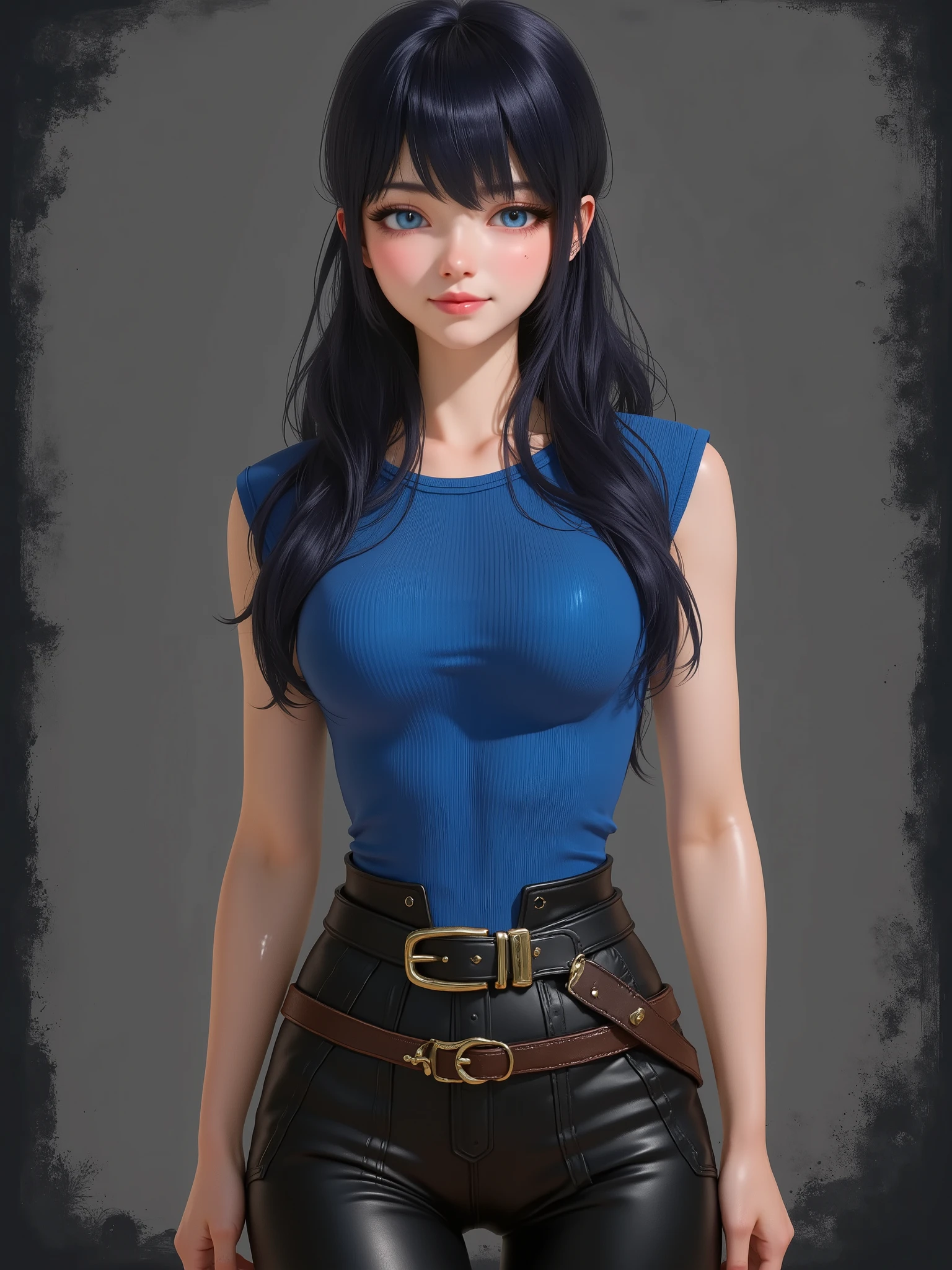 marinette Dopanchan, A very beautiful and cute 22 year old woman. Slight smile, long hair, deep gaze, blue eyes, western eyes, detailed blue eyes, beautiful eyes, natural pink lips, thin lips, detailed lips, beautiful lips, clear face. Fair skin, perfect body, very feminine body, well-formed thighs, perfect proportions, perfect thighs, perfect , anatomical correct. Saxon blue medieval fitted sleeveless t-shirt, jet-black medieval style leather paladin pants, golden medieval style leather belt. Half body view, cowboy shot, RAW, standing, full body view, looking at the viewer, dynamic pose, graceful pose, relaxed pose, view frontal. Bright lighting, vibrant colors, colorful, sharp foreground, clear image, sharp focus, soft depth of field, blurry background, bokeh background. Masterpiece, best quality, high resolution, top quality, high quality, UHD, 16k quality, no blur, film grain. The background is dark_gray and painted with expressive, visible textures using dynamic brushstrokes and strokes that add depth and movement. The paint covers only the area just behind the subject. The outer edges of the image with jet-black margins, as if the background had been painted with a brush and with expressive and visible textures using dynamic brushstrokes and strokes fading toward the edges creating a modern and artistic vignette effect.