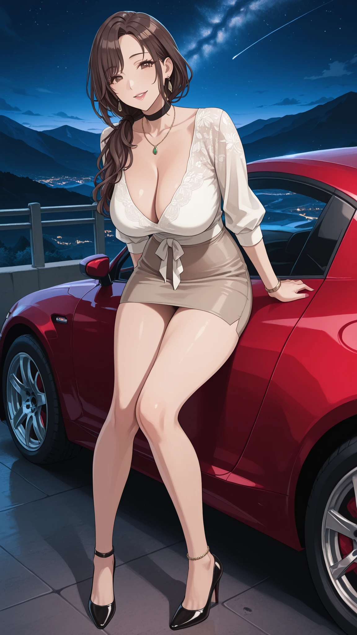 masterpiece, and above, Full Body,low angle,1girl, beautiful woman with a petite body_the woman is 160 cm tall , 美しいmature woman女性,Beautiful women are married and mothers,beautiful shiny skin , dark brown hair, wave hair, long hair, low ponytail,brown hair, dark brown eyes, beautiful eyes, long eyelashes on the head, full lips, Beautiful Lips, attractive lips taken with multiple, a woman's left ring finger,necklace,earrings on the back of the foot,choker,anklet,White Sleek Blouse_Braless,the chest is wide open,A very short pencil skirt,short pencil skirt_no panties,Red Sexy High Heels , (美しいbig boobs), Seductive Full Breasts, big boobs,seductive cleavage, Beautiful Breasts,Standing Head,attractive thighs,his legs spread out and I can see his vagina, Mother Sees an Ugly Perverted Middle-Aged Man, sensual expression, beautiful appearance, witch-like expression, Friendly Look, adorable look , Gentle smile, Half Open Eyes, I blushed so much., Night Mountain Pass, Simple Night Mountain Path Background, Adult, mature woman, (wife' clothes )car(Behind the metallic blue Nissan Fairlady Z) woman leaning on the hood 。背景は Night Mountain Pass,there is a beautiful night view and a sky full of stars。