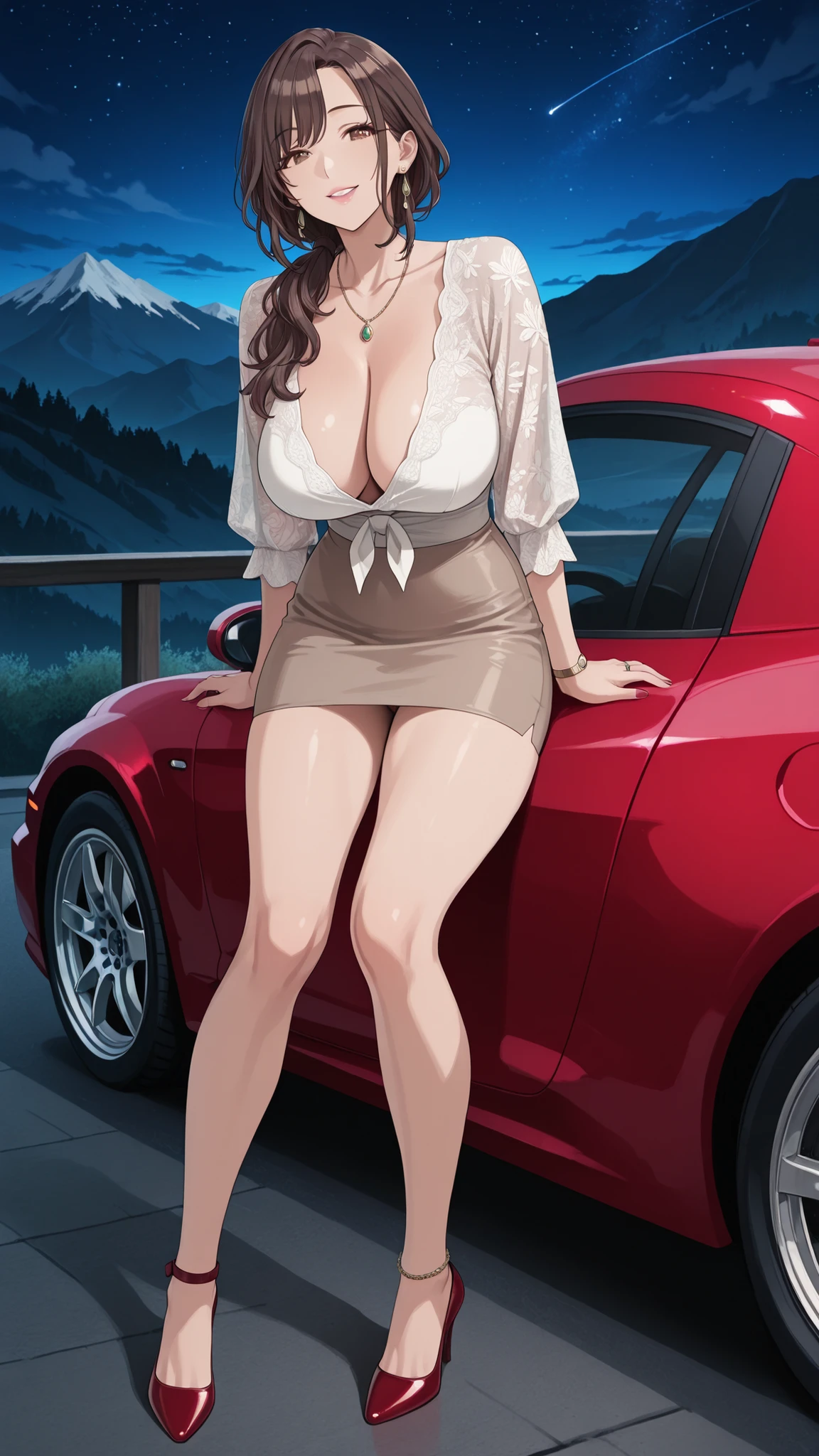 masterpiece, and above, Full Body,low angle,1girl, beautiful woman with a petite body_the woman is 160 cm tall , 美しいmature woman女性,Beautiful women are married and mothers,beautiful shiny skin , dark brown hair, wave hair, long hair, low ponytail,brown hair, dark brown eyes, beautiful eyes, long eyelashes on the head, full lips, Beautiful Lips, attractive lips taken with multiple, a woman's left ring finger,necklace,earrings on the back of the foot,choker,anklet,White Sleek Blouse_Braless,the chest is wide open,A very short pencil skirt,short pencil skirt_no panties,Red Sexy High Heels , (美しいbig boobs), Seductive Full Breasts, big boobs,seductive cleavage, Beautiful Breasts,Standing Head,attractive thighs,his legs spread out and I can see his vagina, Mother Sees an Ugly Perverted Middle-Aged Man, sensual expression, beautiful appearance, witch-like expression, Friendly Look,  adorable look , Gentle smile, Half Open Eyes, I blushed so much.,  Night Mountain Pass, Simple Night Mountain Path Background, Adult, mature woman, (wife'  clothes )car（Behind the metallic blue Nissan Fairlady Z) woman leaning on the hood  。背景は Night Mountain Pass,there is a beautiful night view and a sky full of stars。