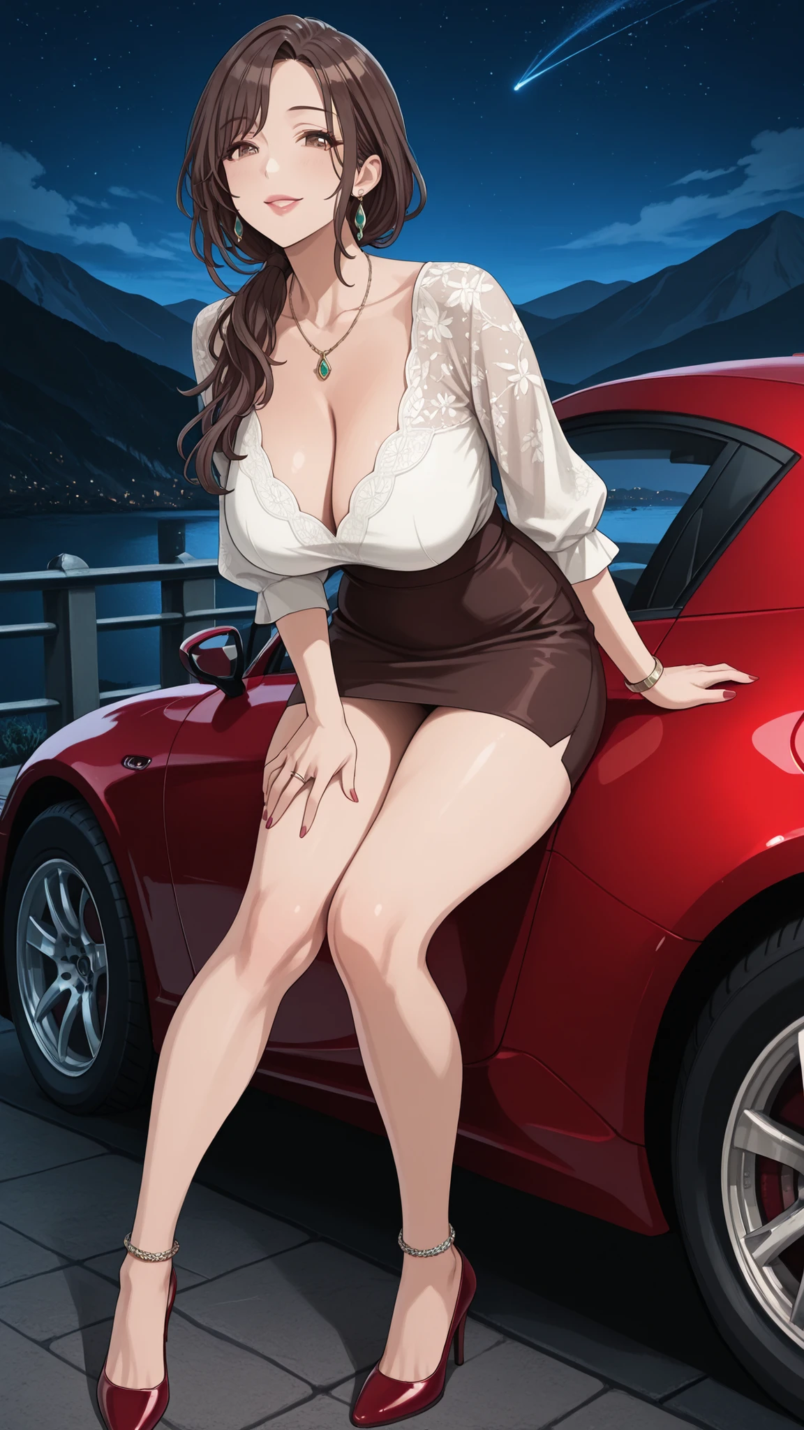 masterpiece, and above, Full Body,low angle,1girl, beautiful woman with a petite body_the woman is 160 cm tall , 美しいmature woman女性,Beautiful women are married and mothers,beautiful shiny skin , dark brown hair, wave hair, long hair, low ponytail,brown hair, dark brown eyes, beautiful eyes, long eyelashes on the head, full lips, Beautiful Lips, attractive lips taken with multiple, a woman's left ring finger,necklace,earrings on the back of the foot,choker,anklet,White Sleek Blouse_Braless,the chest is wide open,A very short pencil skirt,short pencil skirt_no panties,Red Sexy High Heels , (美しいbig boobs), Seductive Full Breasts, big boobs,seductive cleavage, Beautiful Breasts,Standing Head,attractive thighs,his legs spread out and I can see his vagina, Mother Sees an Ugly Perverted Middle-Aged Man, sensual expression, beautiful appearance, witch-like expression, Friendly Look, adorable look , Gentle smile, Half Open Eyes, I blushed so much., Night Mountain Pass, Simple Night Mountain Path Background, Adult, mature woman, (wife' clothes )car(Behind the metallic blue Nissan Fairlady Z) woman leaning on the hood 。背景は Night Mountain Pass,there is a beautiful night view and a sky full of stars。