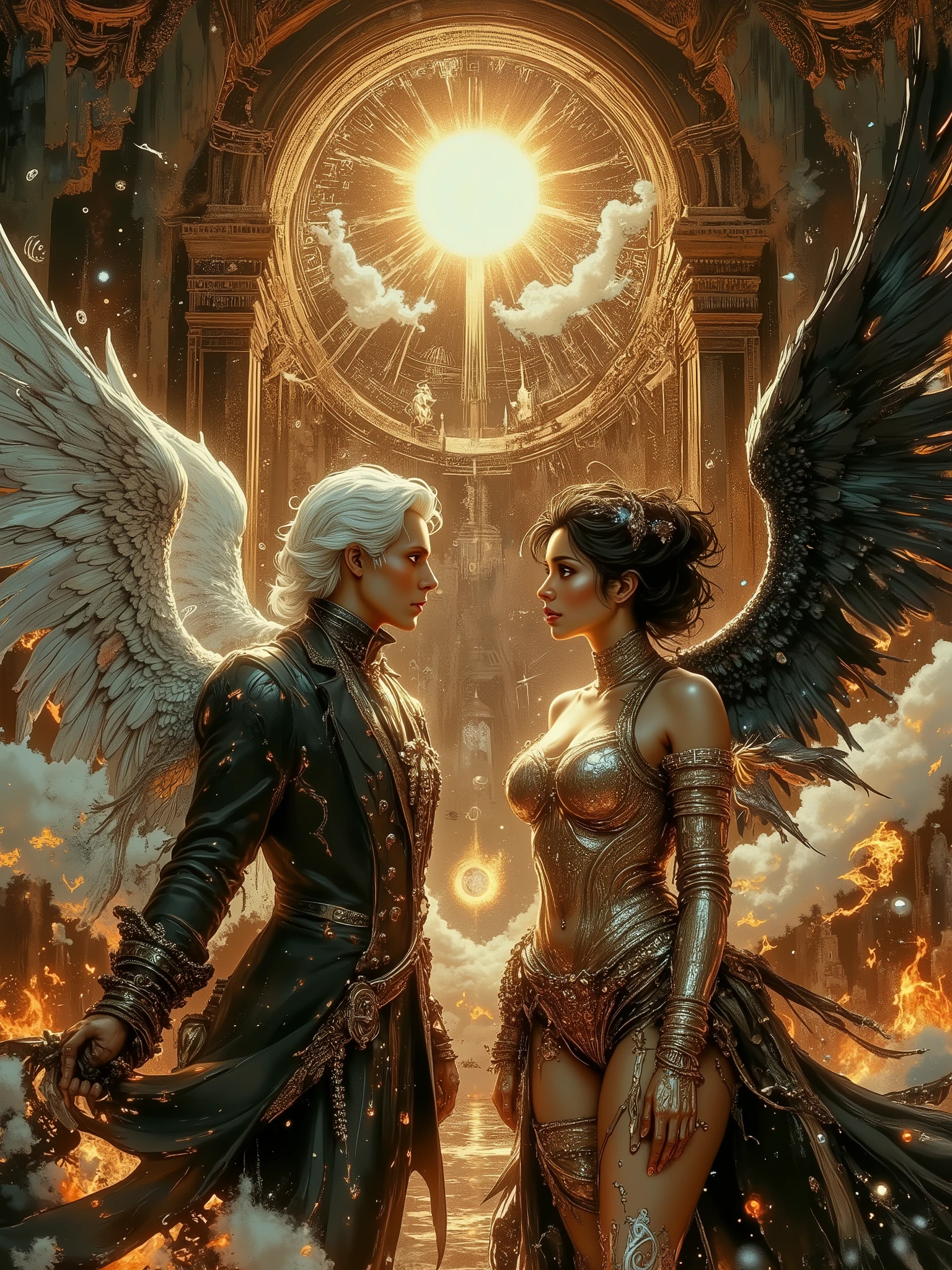 fluxlisimo_drawio,D3tailedP0rtraits,VibrantChrome style.,(masterpiece),(Highest quality),(Super detailed),(Ultra-high resolution) , (Best illustrations), 32k, an ancient luxurious temple,dynamic lights, shiny, glitter
Done in a balanced and vivid impressionist style symbolizing harmony of opposites ((and the search for spiritual transcendence through practicing mindfulness of self and psychological clarity, or learning philosophical reason logic and truth, as well as coming to terms with the metaphysical laws of our existence. In a word, wholeness with the true source.))
A captivating portrait shows an angel and a demon in staring at each other and enraptured. On the left appearing 40, a handsome aquiline looking man with short stylish white hair and a wry expression wears a dark, fancy high-collared coat and other expensive but tasteful accoutrements. He has silver and white feathered wings and a faint glowing halo, symbolizing his angelic nature. On the right looking no more than 28 years old, a curvaceous lady with light brown skin of mixed race is seen wearing a roguish grin and dressed in an eclectic blend ((of street, grunge, secondhand and 1st hand designer finery and God only knows, each piece used to highlight her sensual, seductive nature)) that matches in some bizarre way. She has fiery raven wings, with flames rising behind her, figures are facing each other, their intense gazes creating a powerful contrast between light and darkness and a shocking truth, they long to touch one another and their look is full of love. Massive energies whirl around these 2 and the background includes a large holy edifice ancient and weathered rising up to an eclipse of the Sun which heralds their union with a foreboding air. Done in a balanced and vivid impressionist style symbolizing harmony of opposites