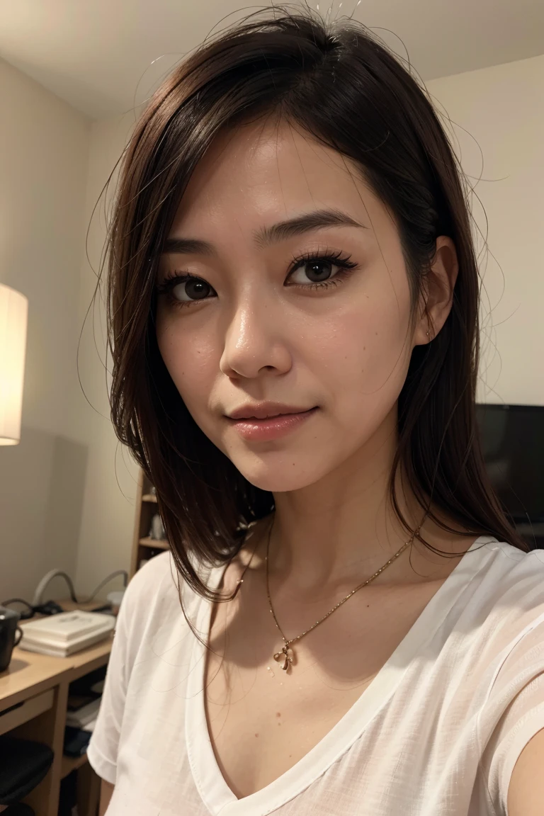 (Please generate an image of a young Filipina woman wearing a t shirt and a necklace. She has brown hair, big, black eyes, and a subtle, natural makeup look. The selfie should show her without visible makeup, and she should be looking directly into the camera. The face should appear realistically natural. The full-body shot of this attractive woman should feature a striking pose, and she has piercing black eyes. The girl has a sweet demeanor, and the pose should also be sweet. Please ensure that the entire body of the woman is visible in the image. The background should be clear and uncluttered. The details of the image should be of high quality(best quality)), ((masterpiece)), (detailed), perfect face, Filipina, pinay