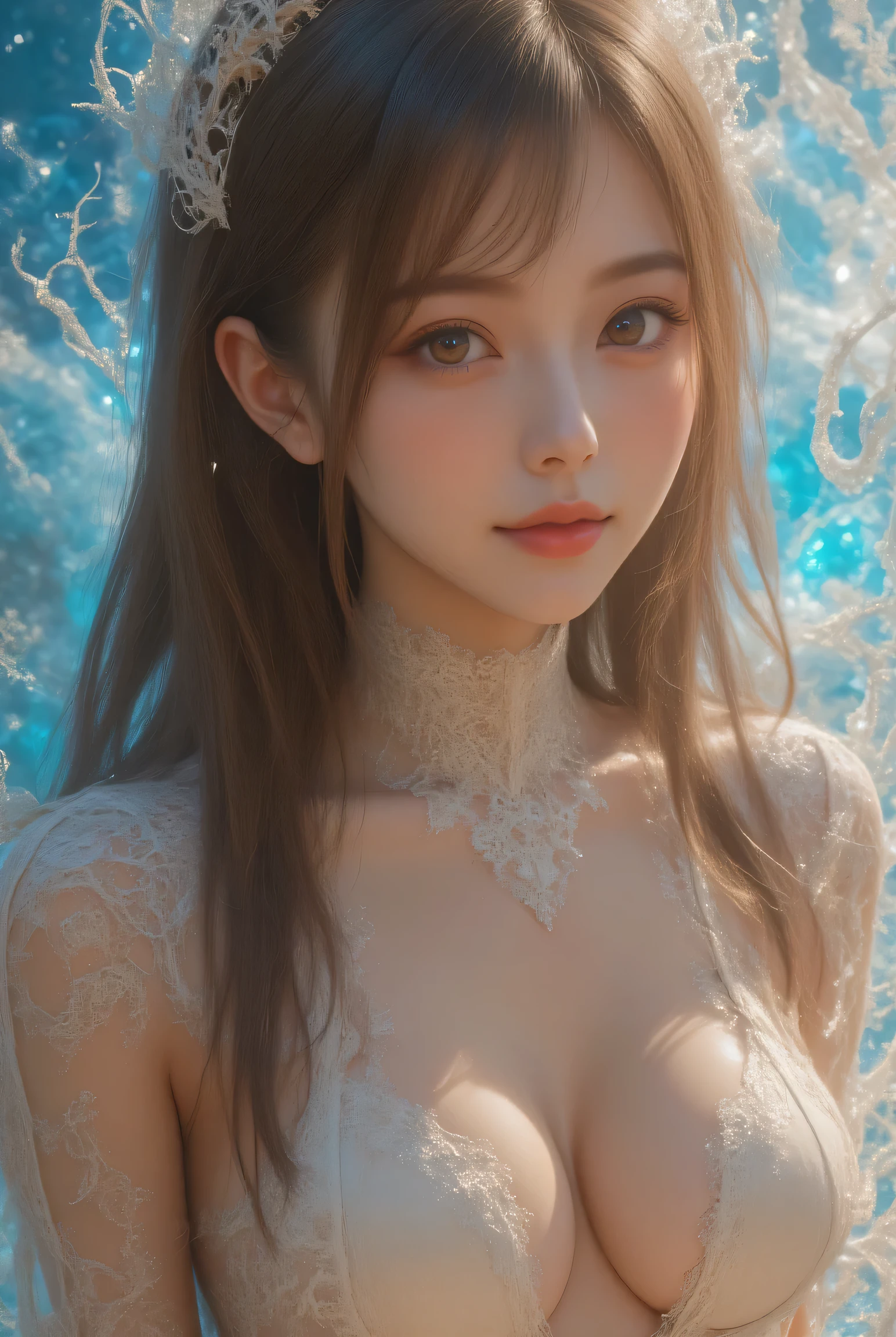 4K Ultra HD, masterpiece, A girl with a magical aura, Nice face, Long Hair, Shiny Hair, Fine grain, Glossy lips,  1.5, Aura around the body, Magical Effects, Spreading white light, Cosmic elements and ethereal atmosphere, A mix of bright lights and colorful nebulae, Space Background,, Full Body Capture.Whitening、Silver Hair、((( and wearing white cloth 1.5)))、Hair and fabric fluttering in the wind、(((Cover your  with both hands 1.5)))、(((1.5)))、、、